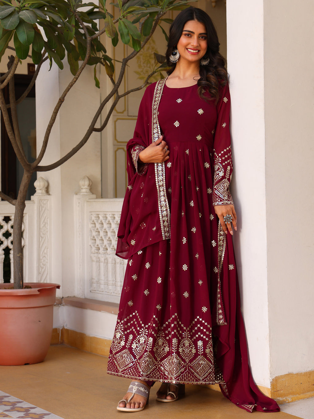 Deep Purple Embroidered Anarkali Kurti with Dupatta for Women