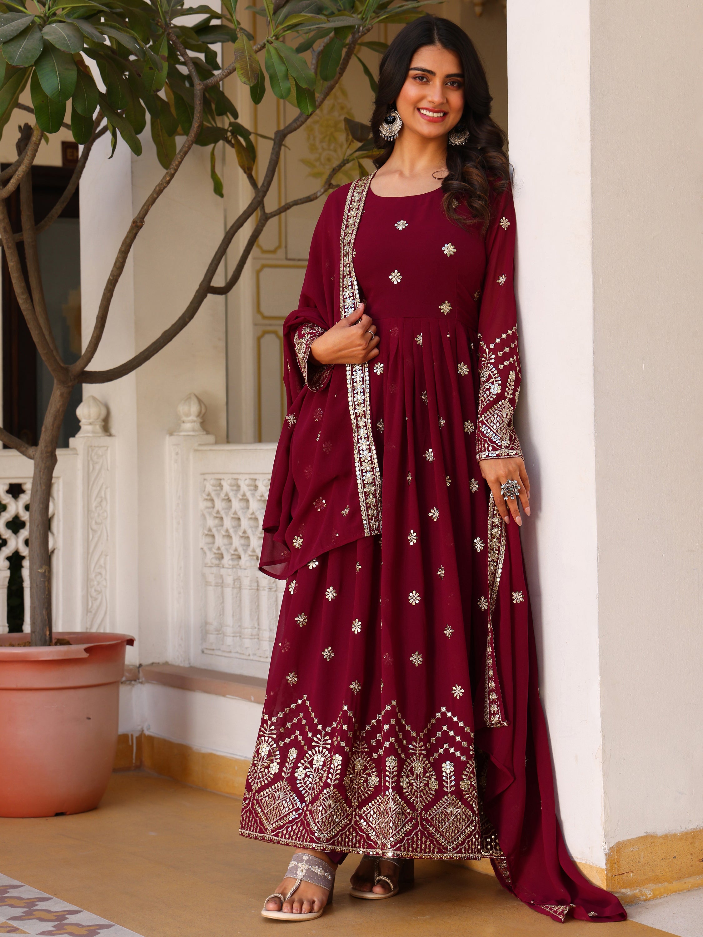 Deep Purple Embroidered Anarkali Kurti with Dupatta for Women
