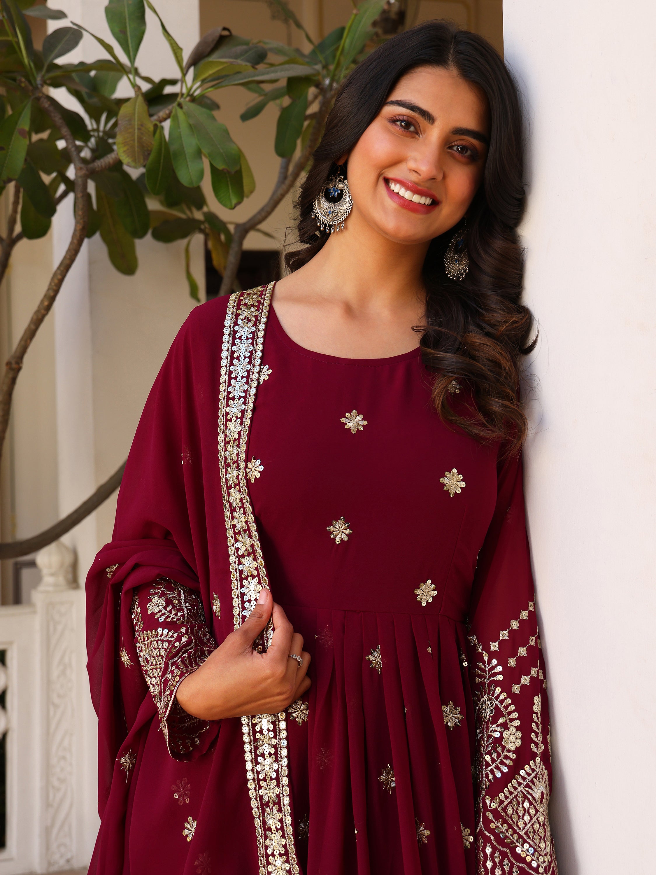 Deep Purple Embroidered Anarkali Kurti with Dupatta for Women