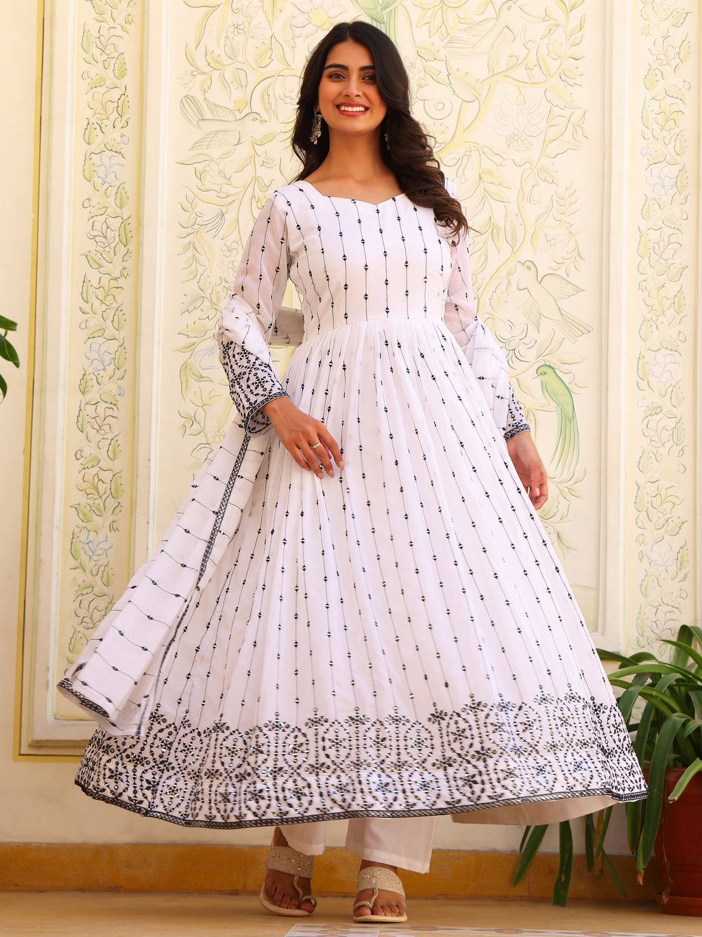 White Anarkali Kurti with Dupatta for Women