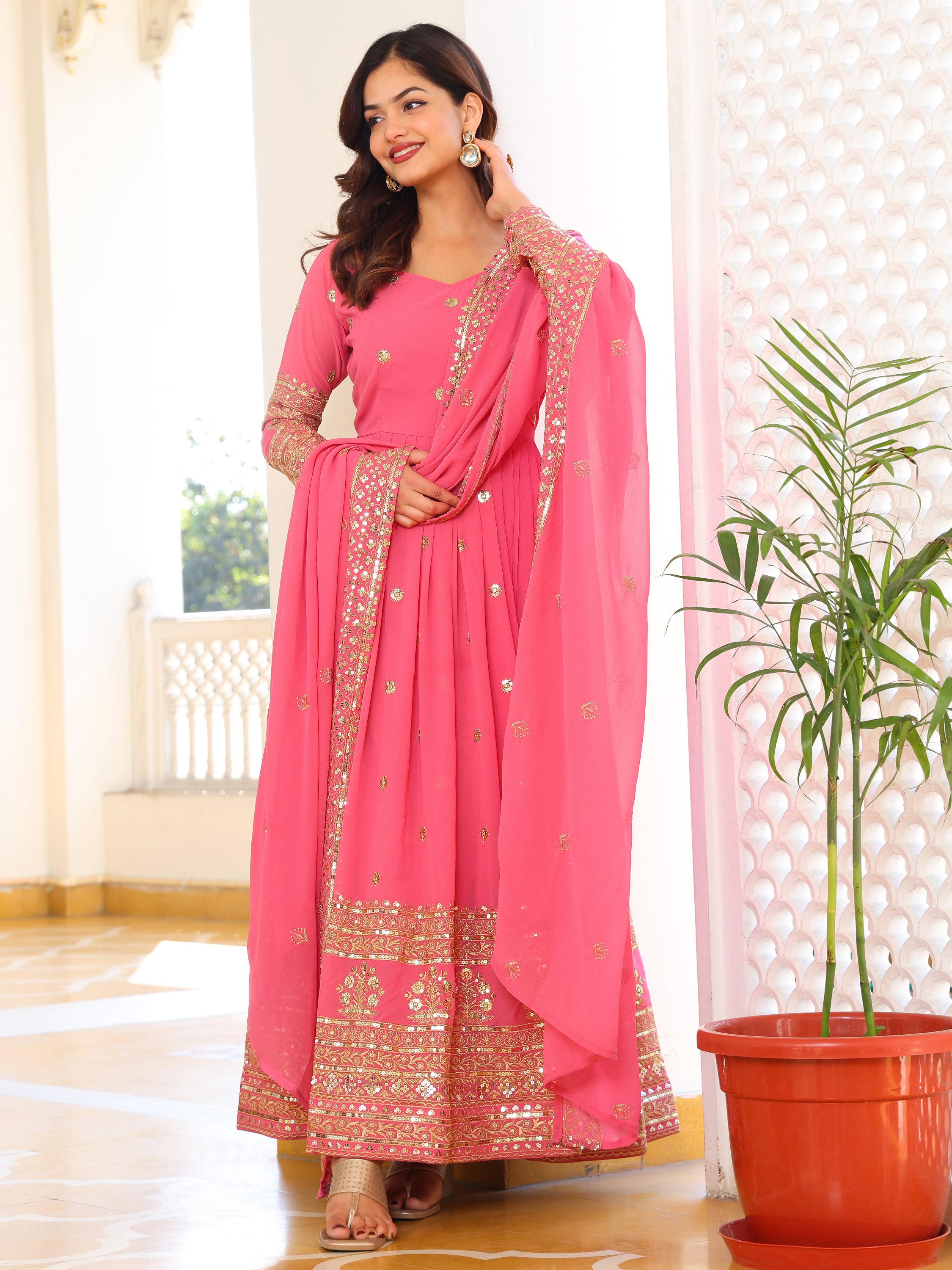 Pink Anarkali Kurti with Dupatta for Women
