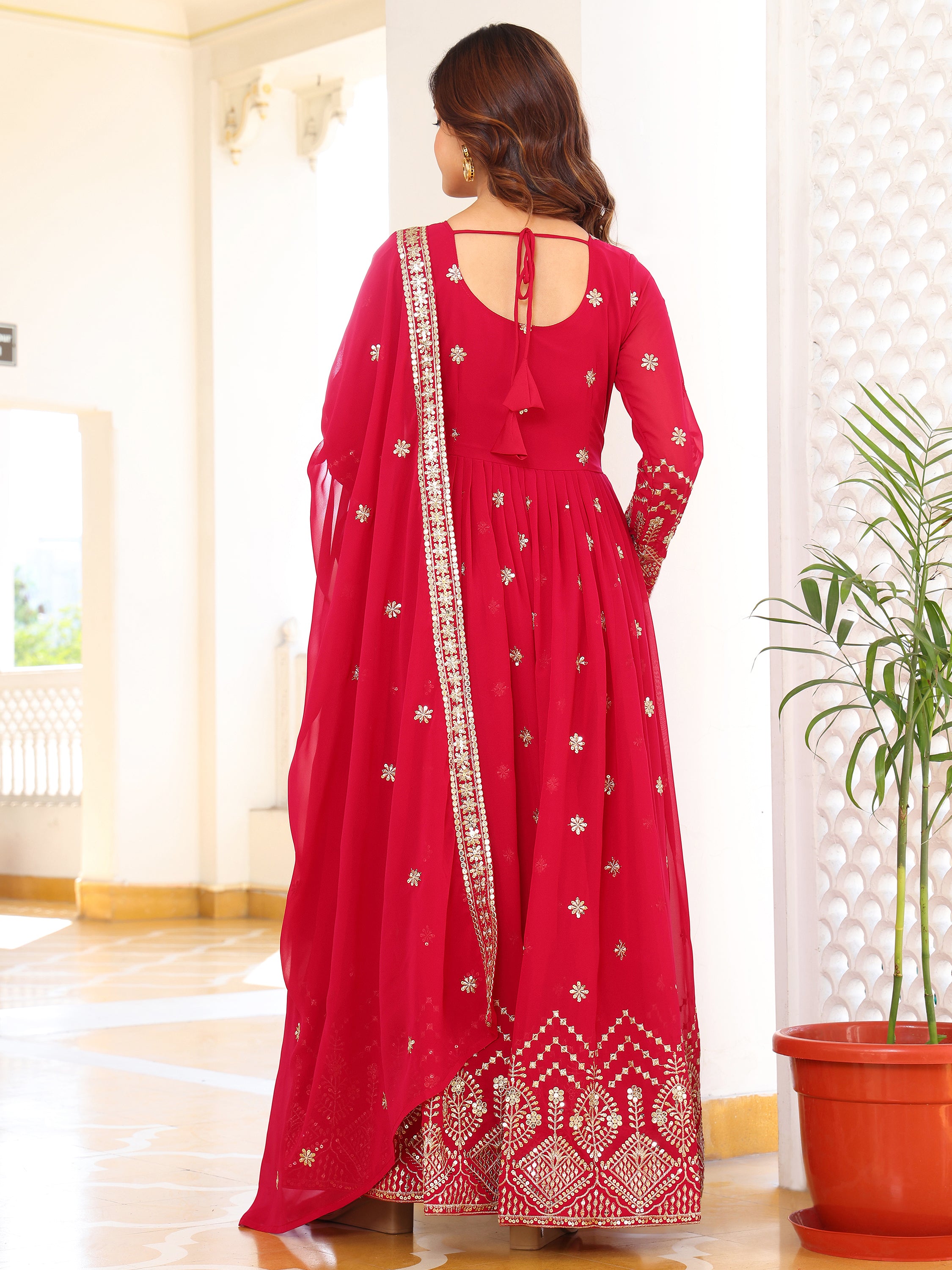 Rani Pink Embroidered Anarkali Kurti with Dupatta for Women
