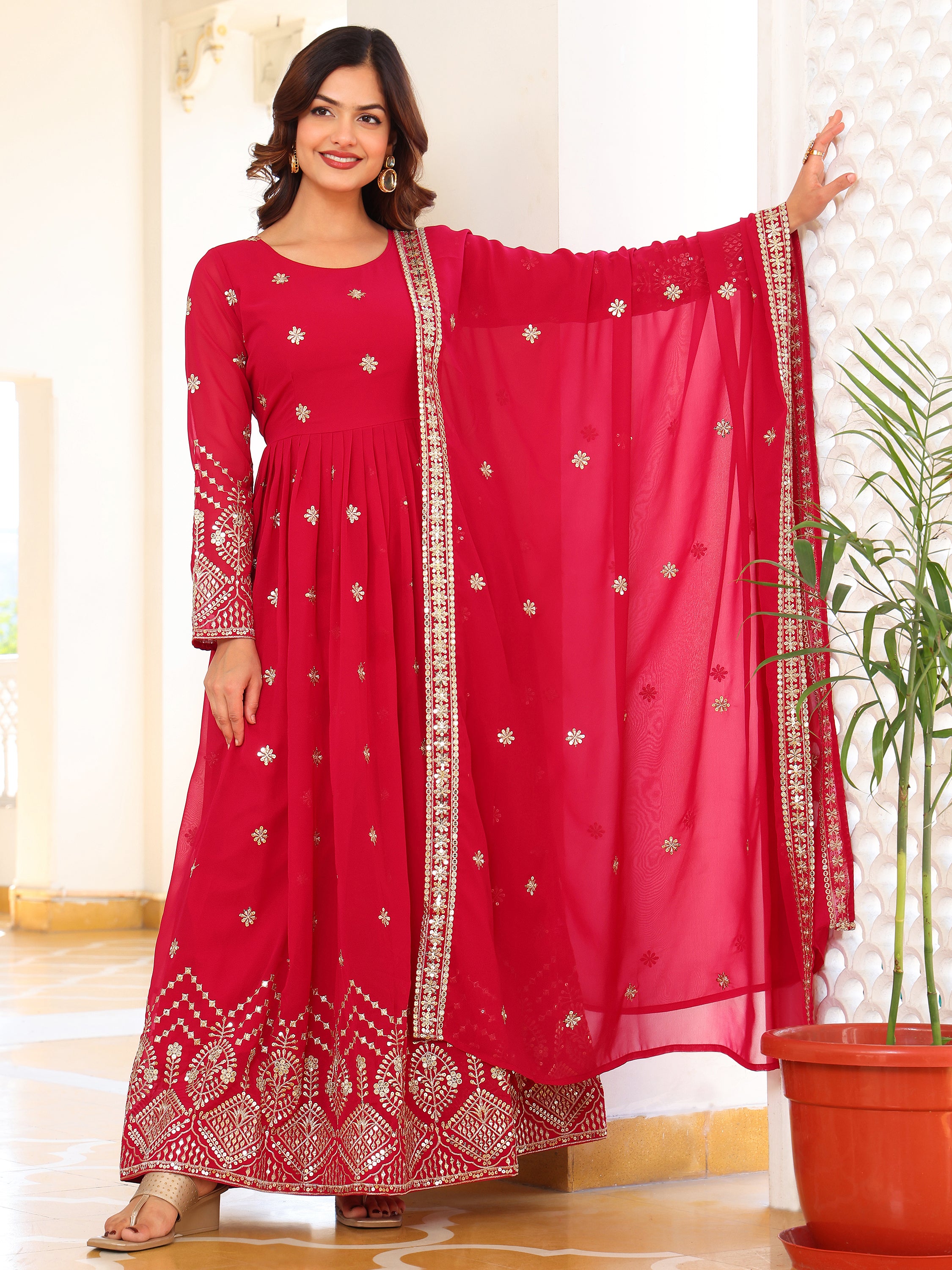 Rani Pink Embroidered Anarkali Kurti with Dupatta for Women