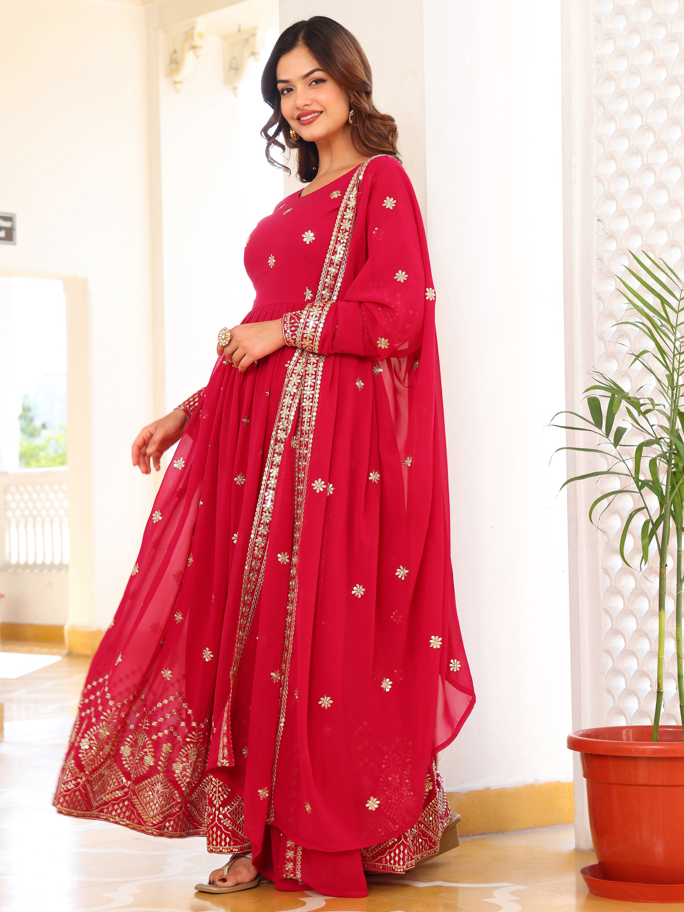 Rani Pink Embroidered Anarkali Kurti with Dupatta for Women