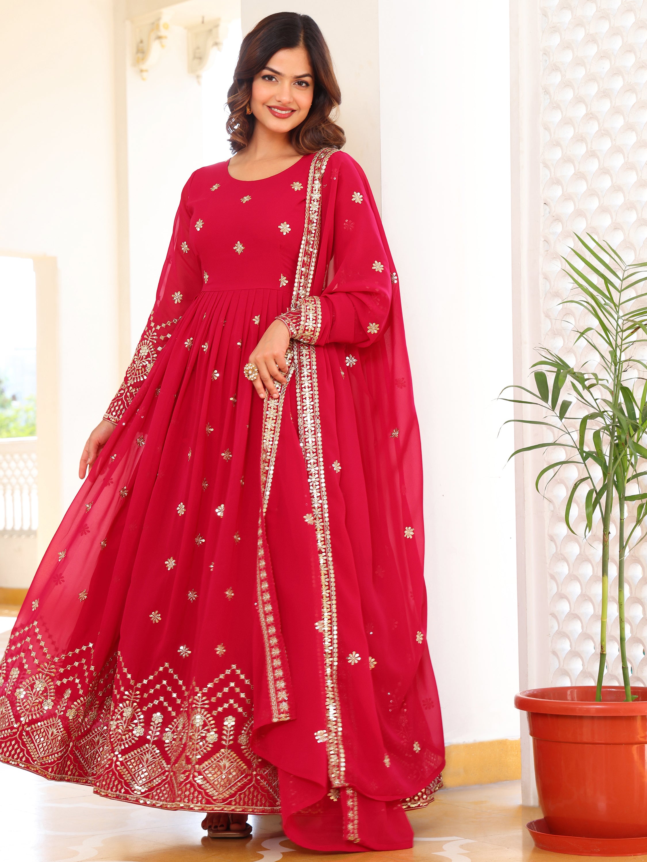 Rani Pink Embroidered Anarkali Kurti with Dupatta for Women