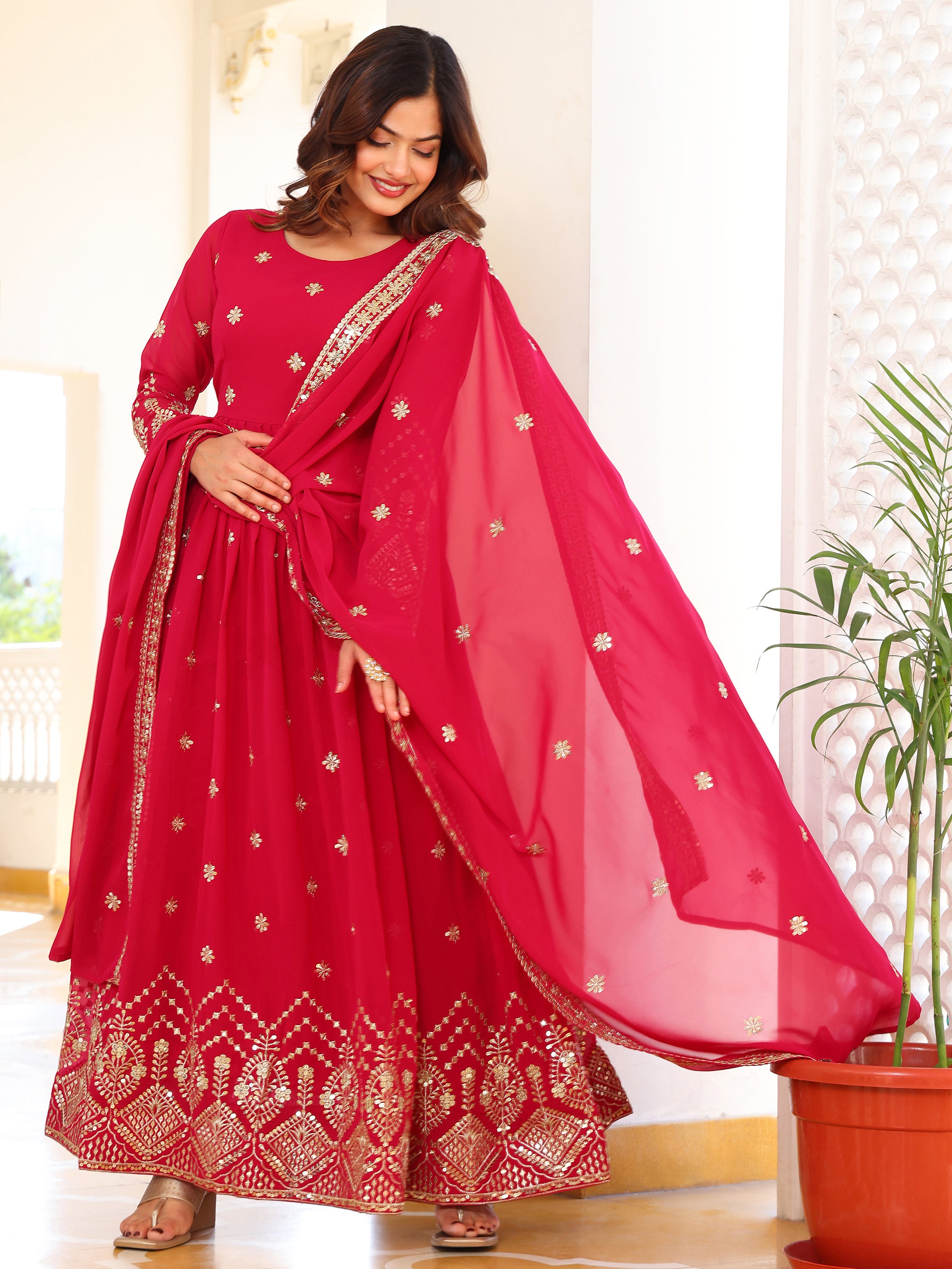 Rani Pink Embroidered Anarkali Kurti with Dupatta for Women