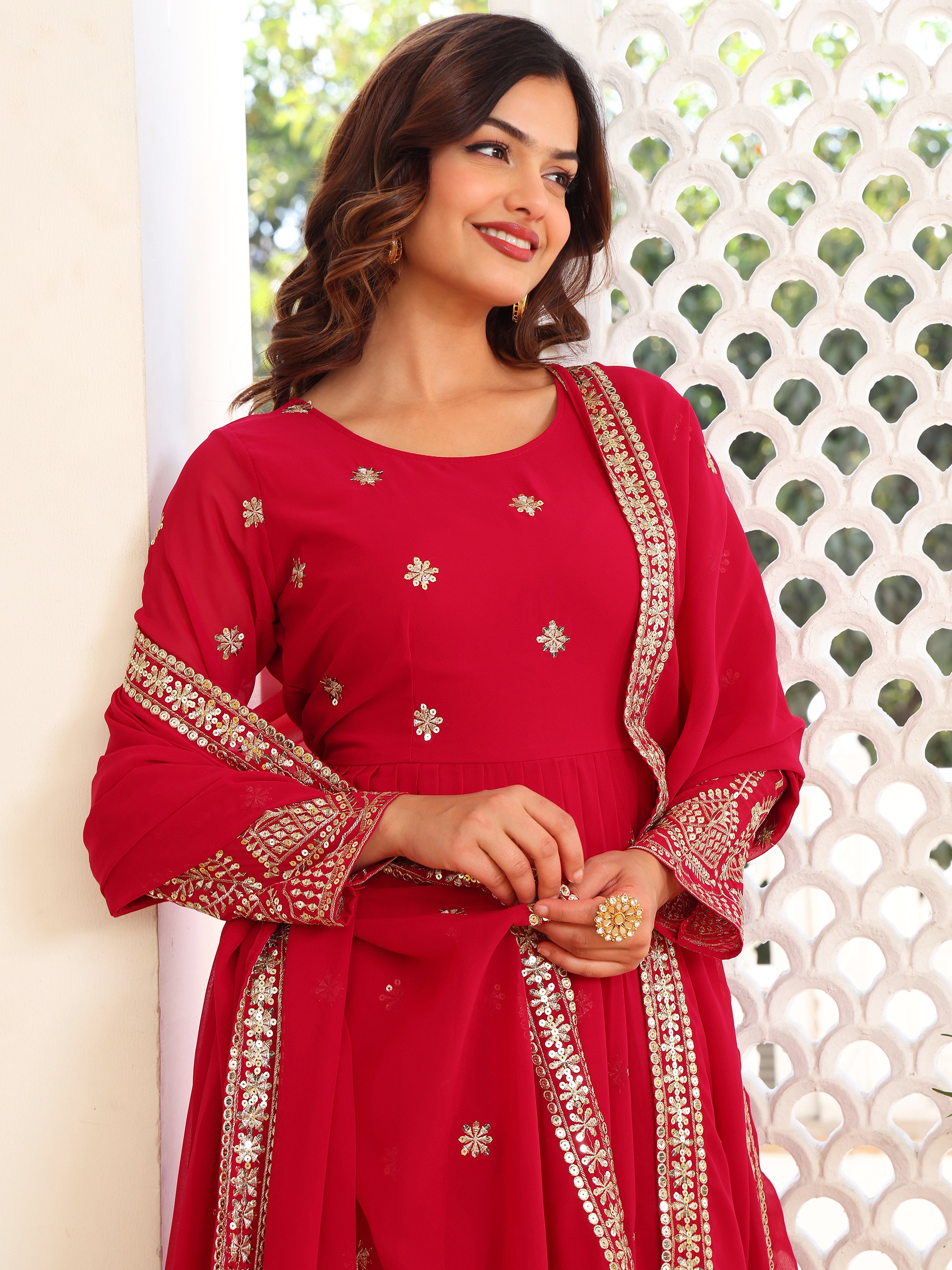 Rani Pink Embroidered Anarkali Kurti with Dupatta for Women