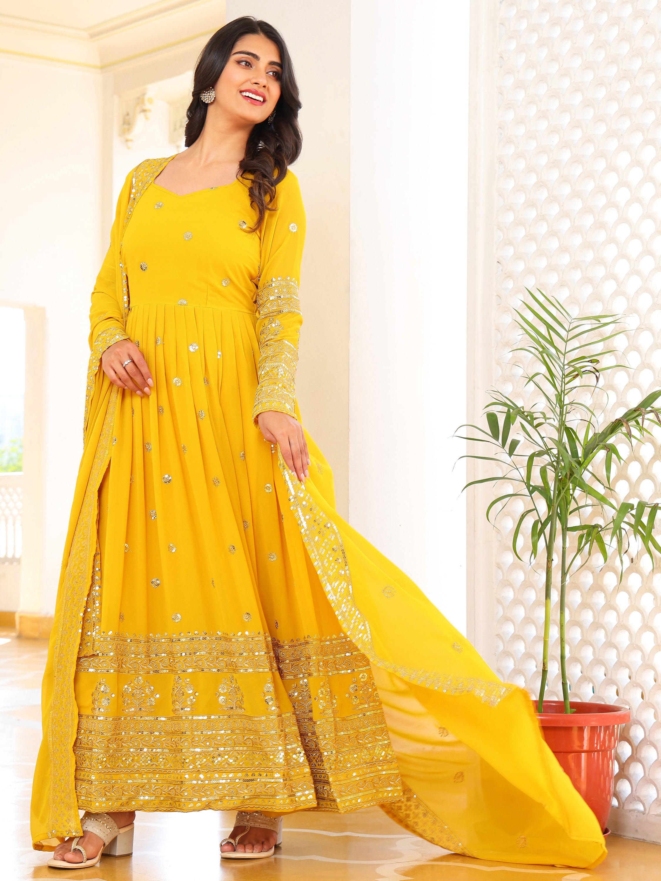 Yellow Embroidered Anarkali Kurti with Dupatta for Women