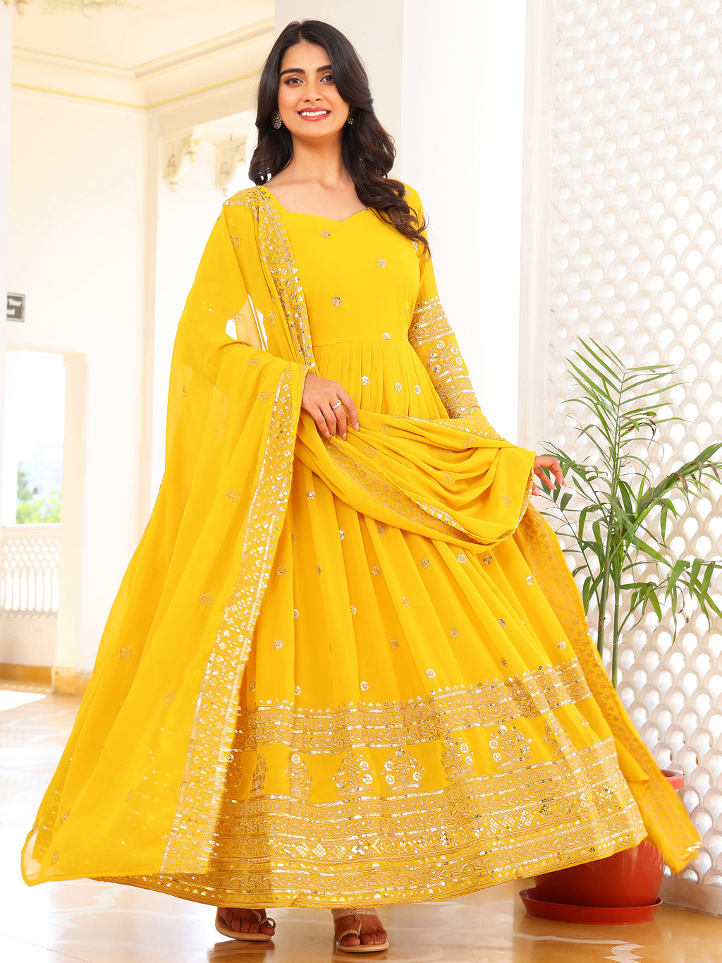 Yellow Embroidered Anarkali Kurti with Dupatta for Women