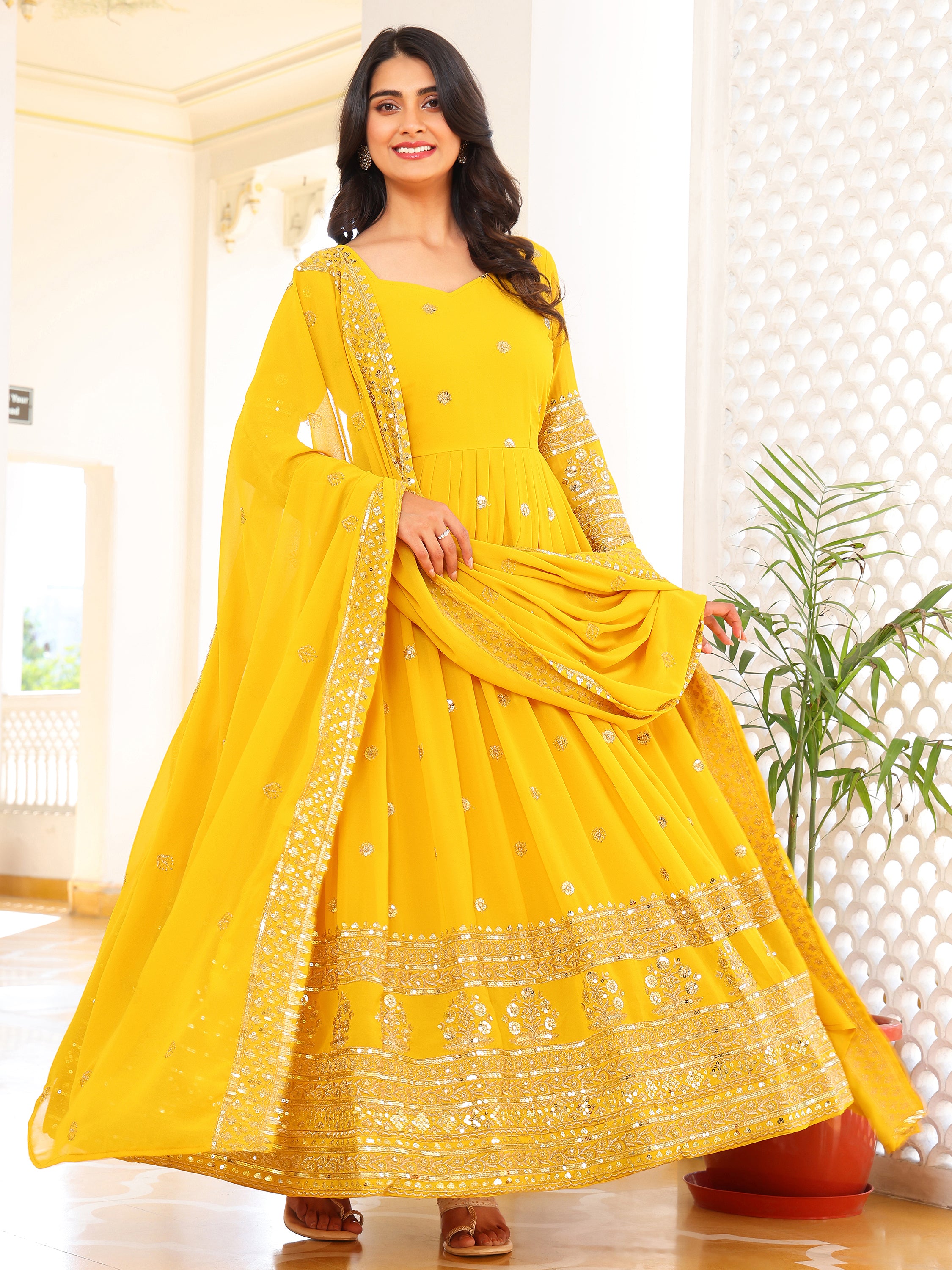 Yellow Embroidered Anarkali Kurti with Dupatta for Women