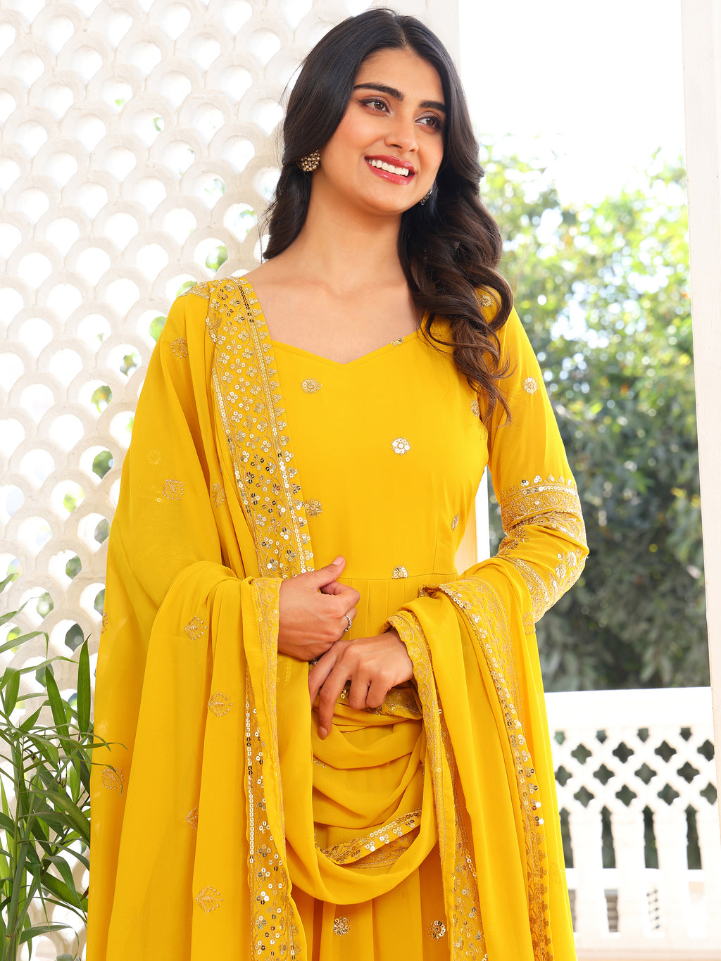 Yellow Embroidered Anarkali Kurti with Dupatta for Women