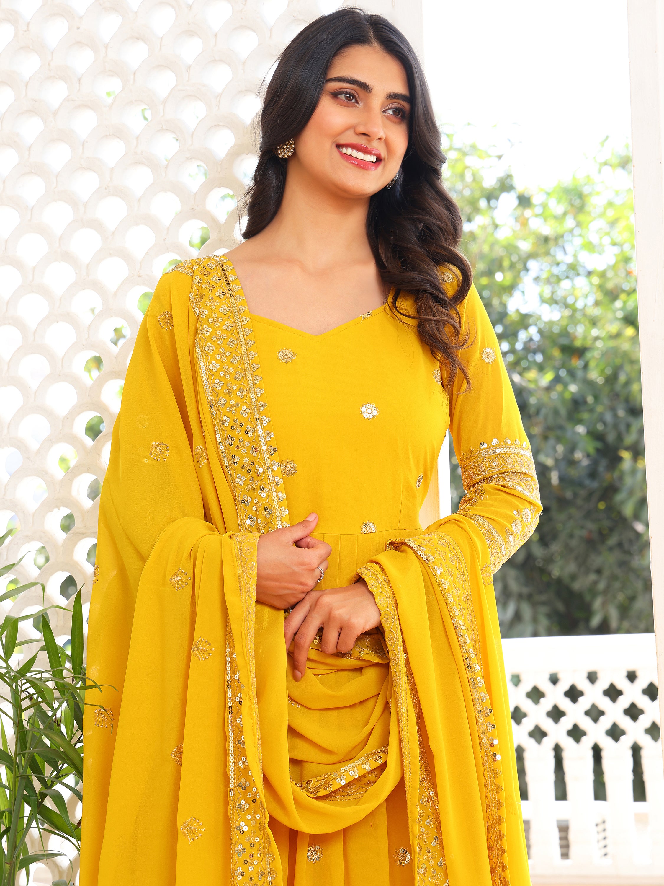 Yellow Embroidered Anarkali Kurti with Dupatta for Women