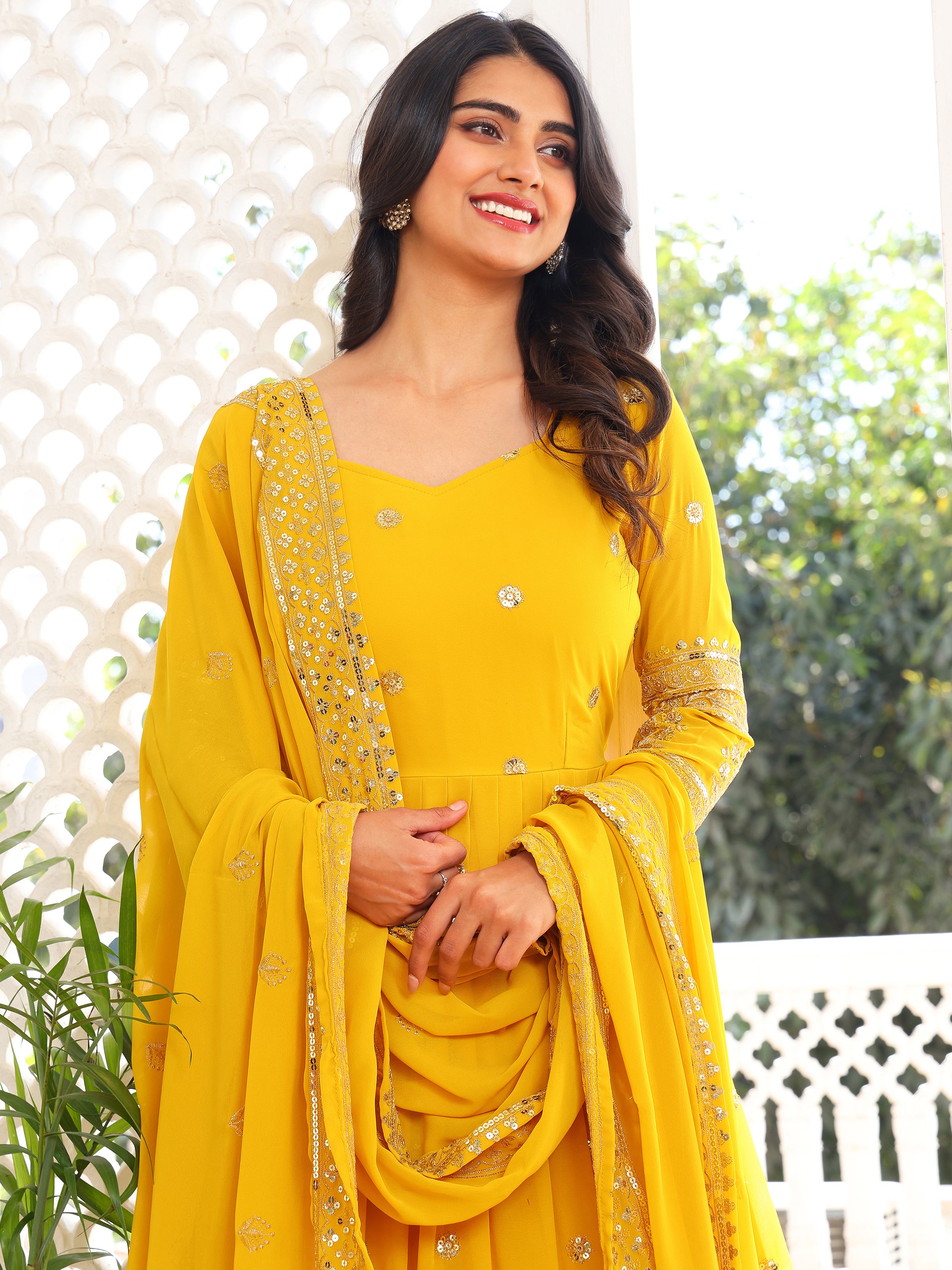 Yellow Embroidered Anarkali Kurti with Dupatta for Women