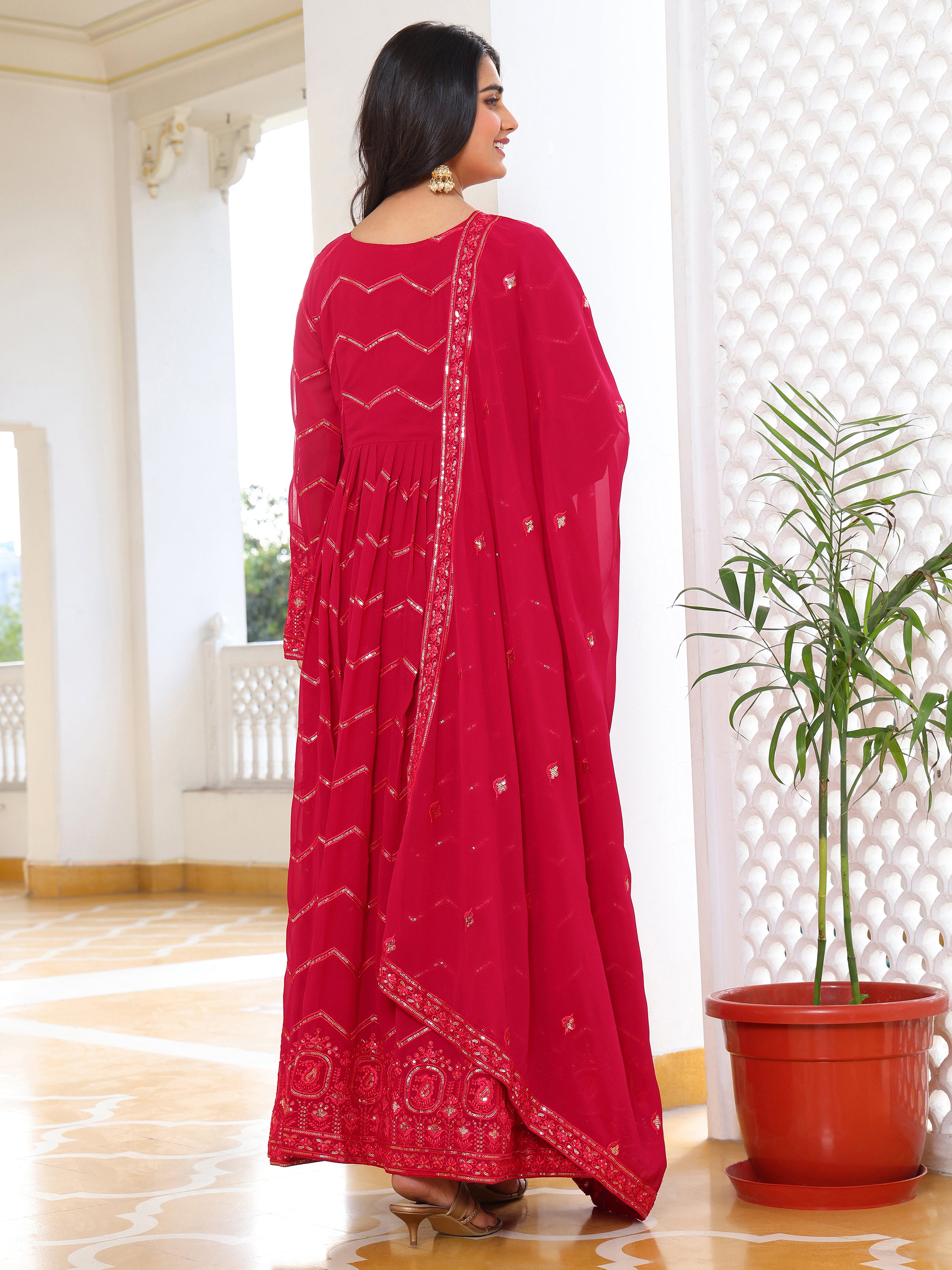 Women's Solid Ethnic Anarkali Suit Set with Embroidered V-Neck and Multi-Color Patterned Dupatta