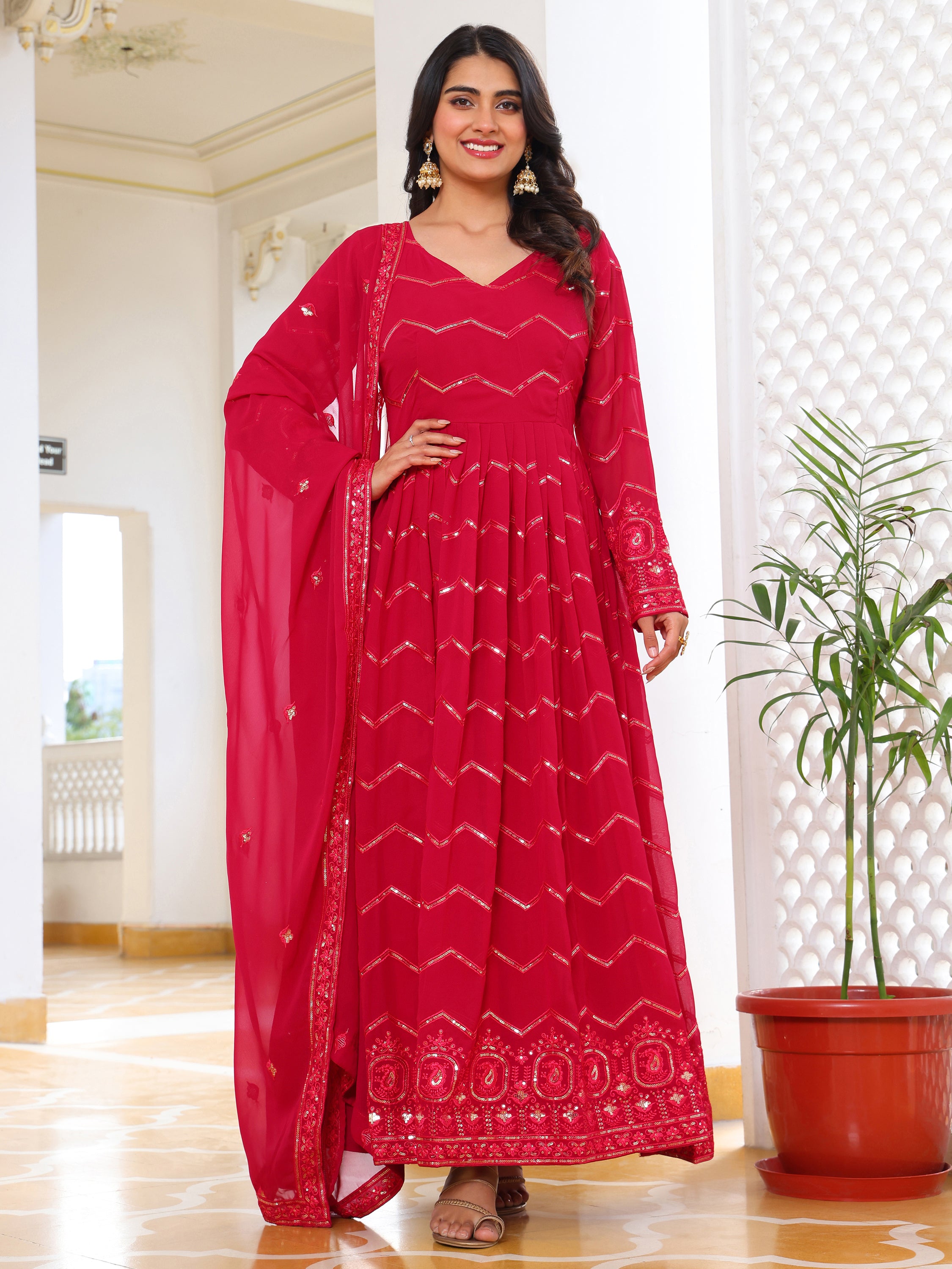 Women's Solid Ethnic Anarkali Suit Set with Embroidered V-Neck and Multi-Color Patterned Dupatta