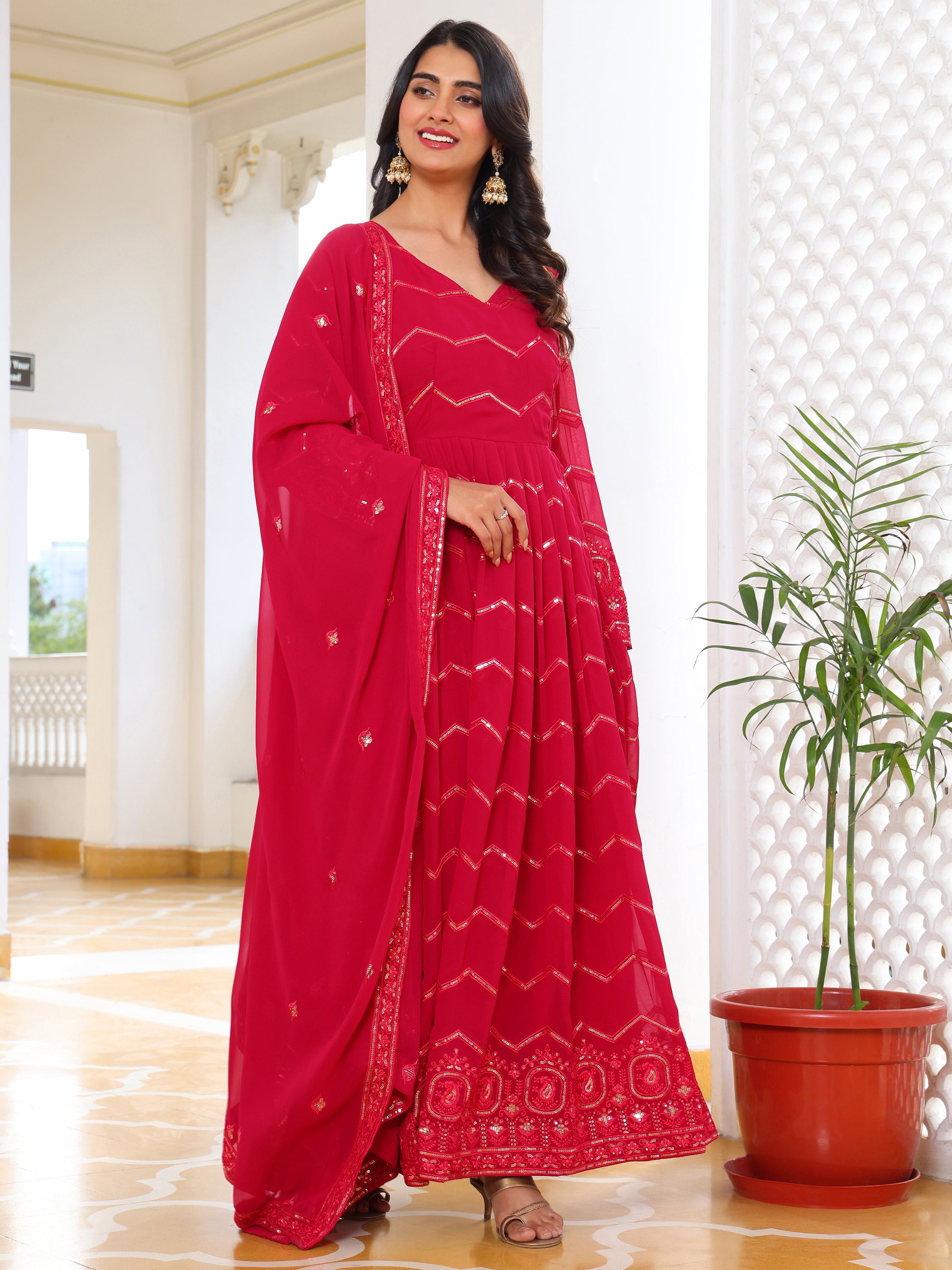 Women's Solid Ethnic Anarkali Suit Set with Embroidered V-Neck and Multi-Color Patterned Dupatta
