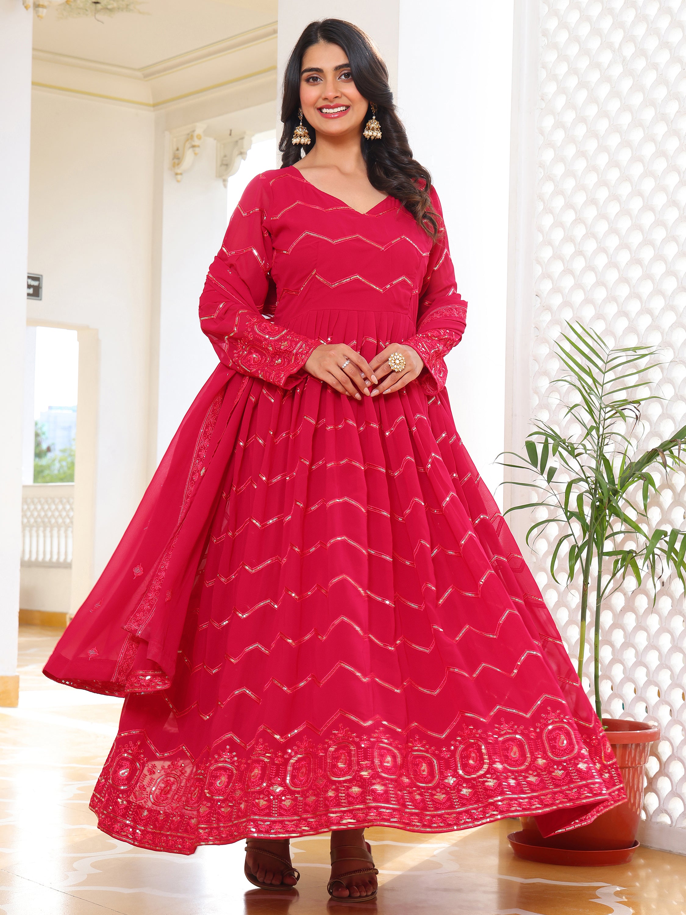 Women's Solid Ethnic Anarkali Suit Set with Embroidered V-Neck and Multi-Color Patterned Dupatta