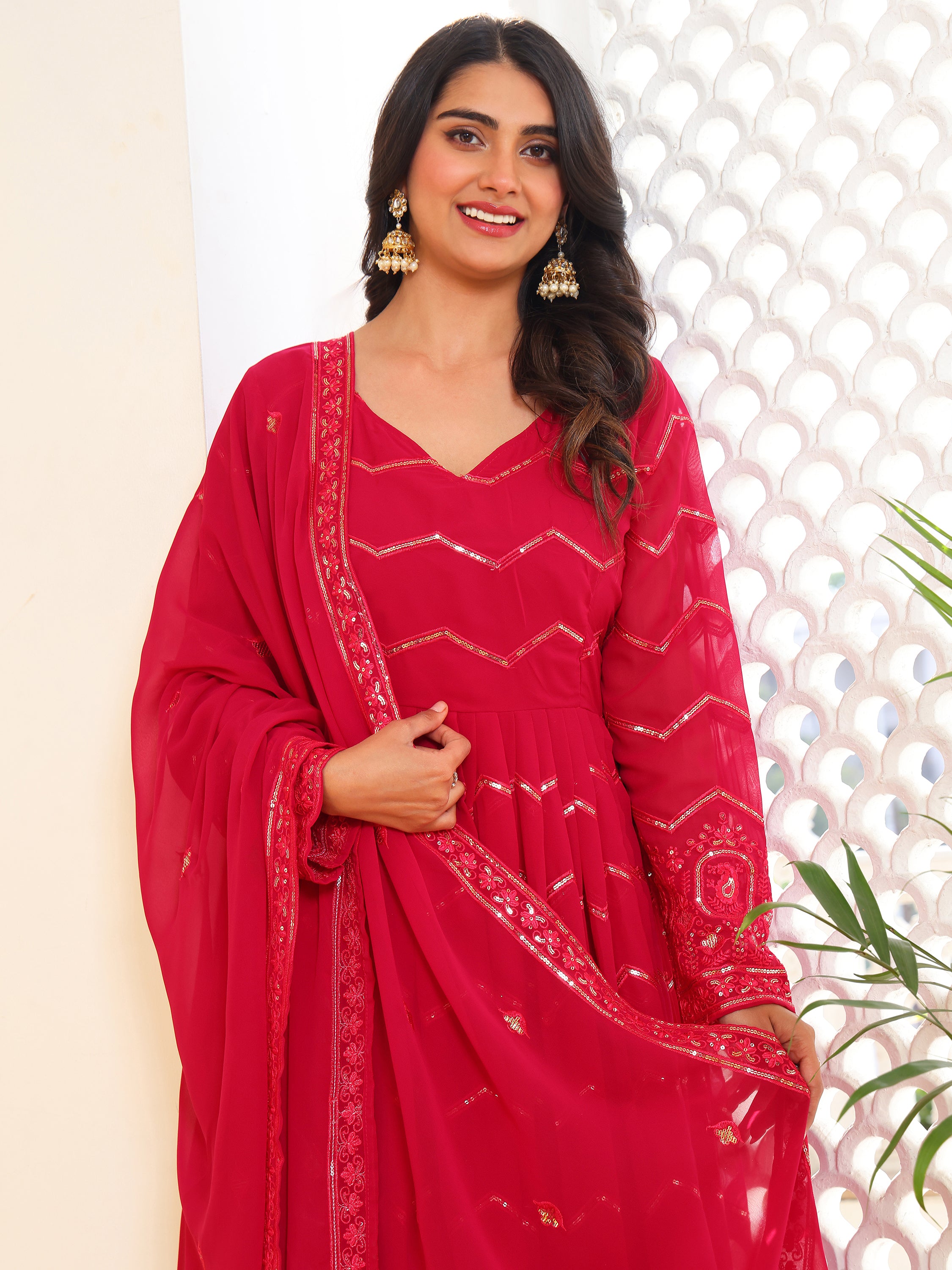 Women's Solid Ethnic Anarkali Suit Set with Embroidered V-Neck and Multi-Color Patterned Dupatta