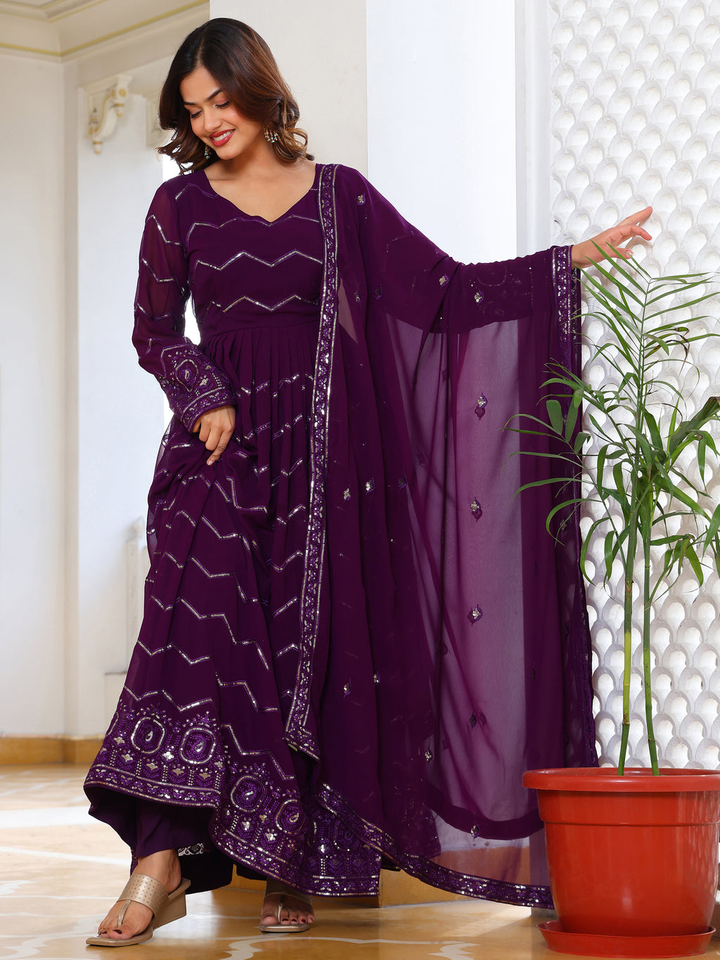 Royal Purple Embroidered Anarkali Set with Dupatta