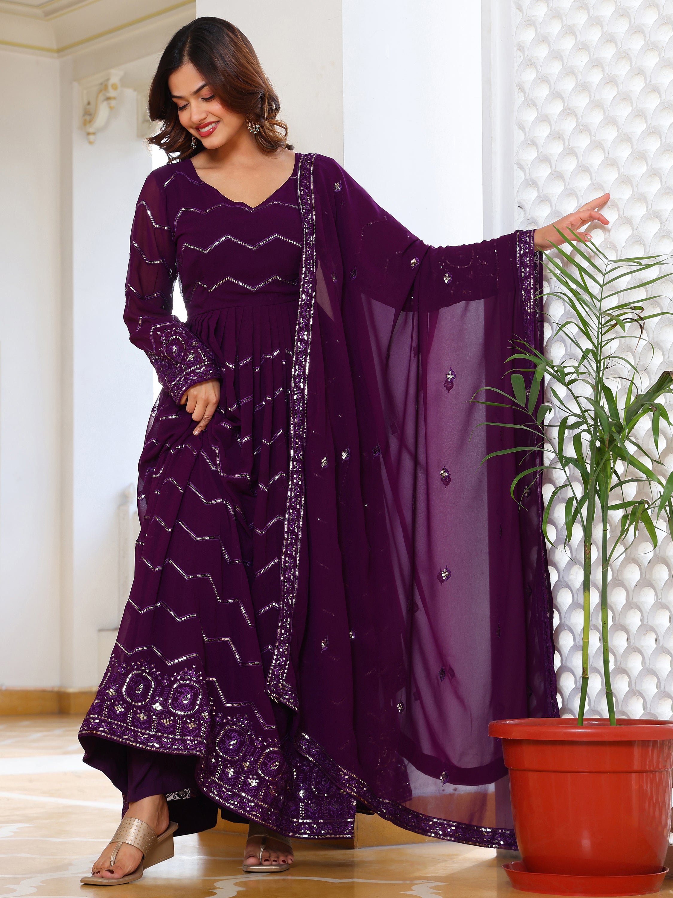 Royal Purple Embroidered Anarkali Set with Dupatta