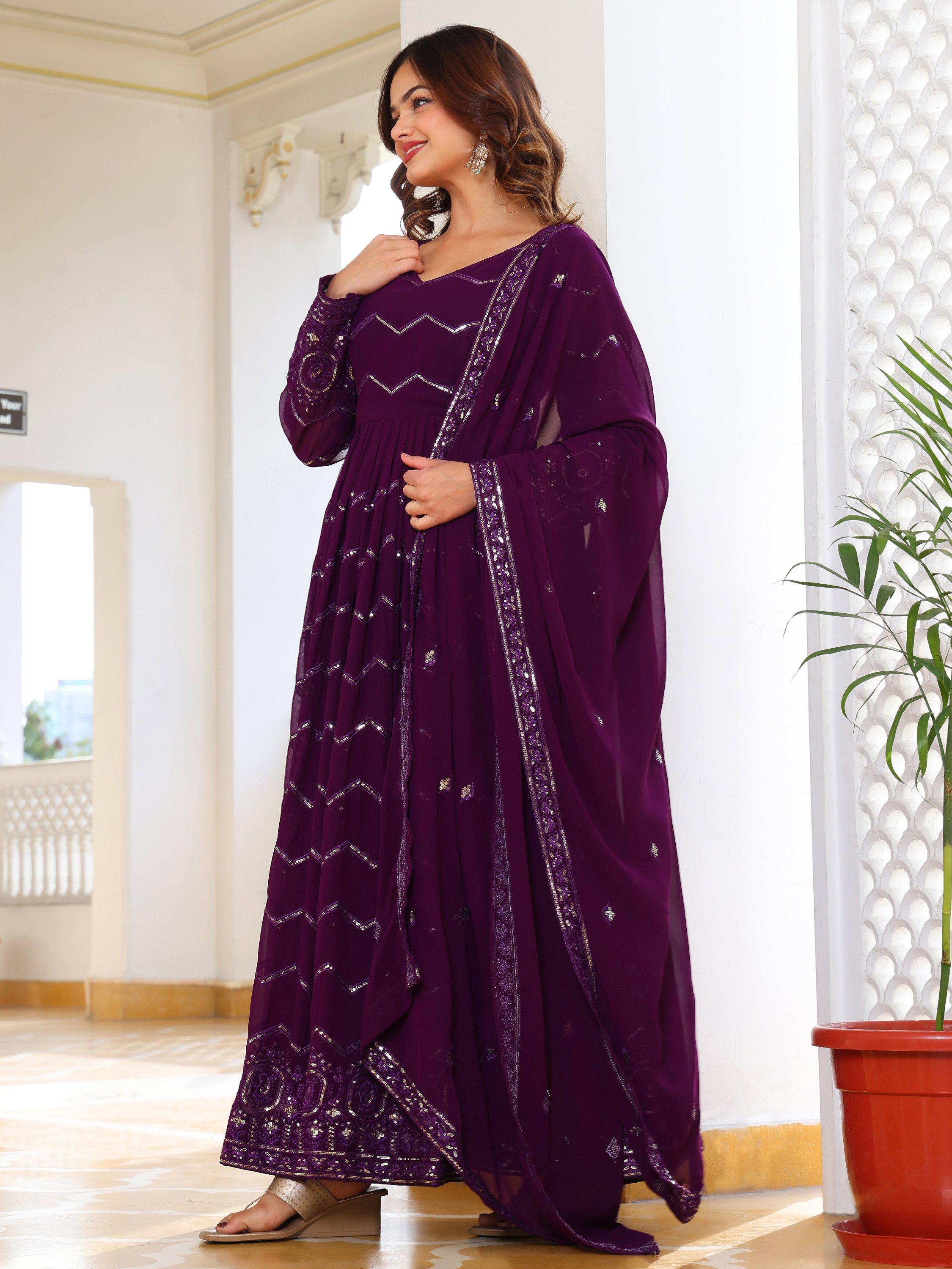 Royal Purple Embroidered Anarkali Set with Dupatta