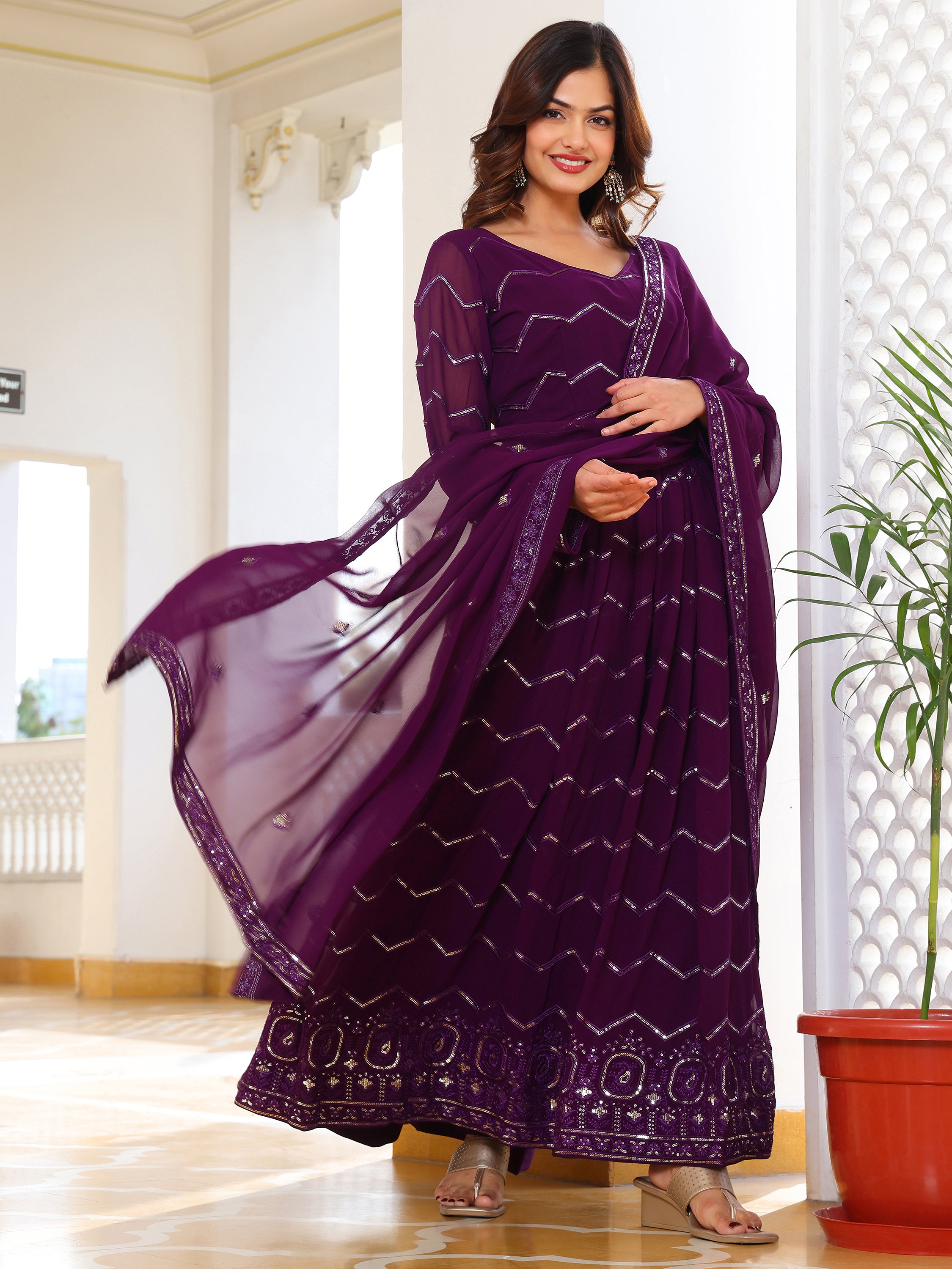 Royal Purple Embroidered Anarkali Set with Dupatta