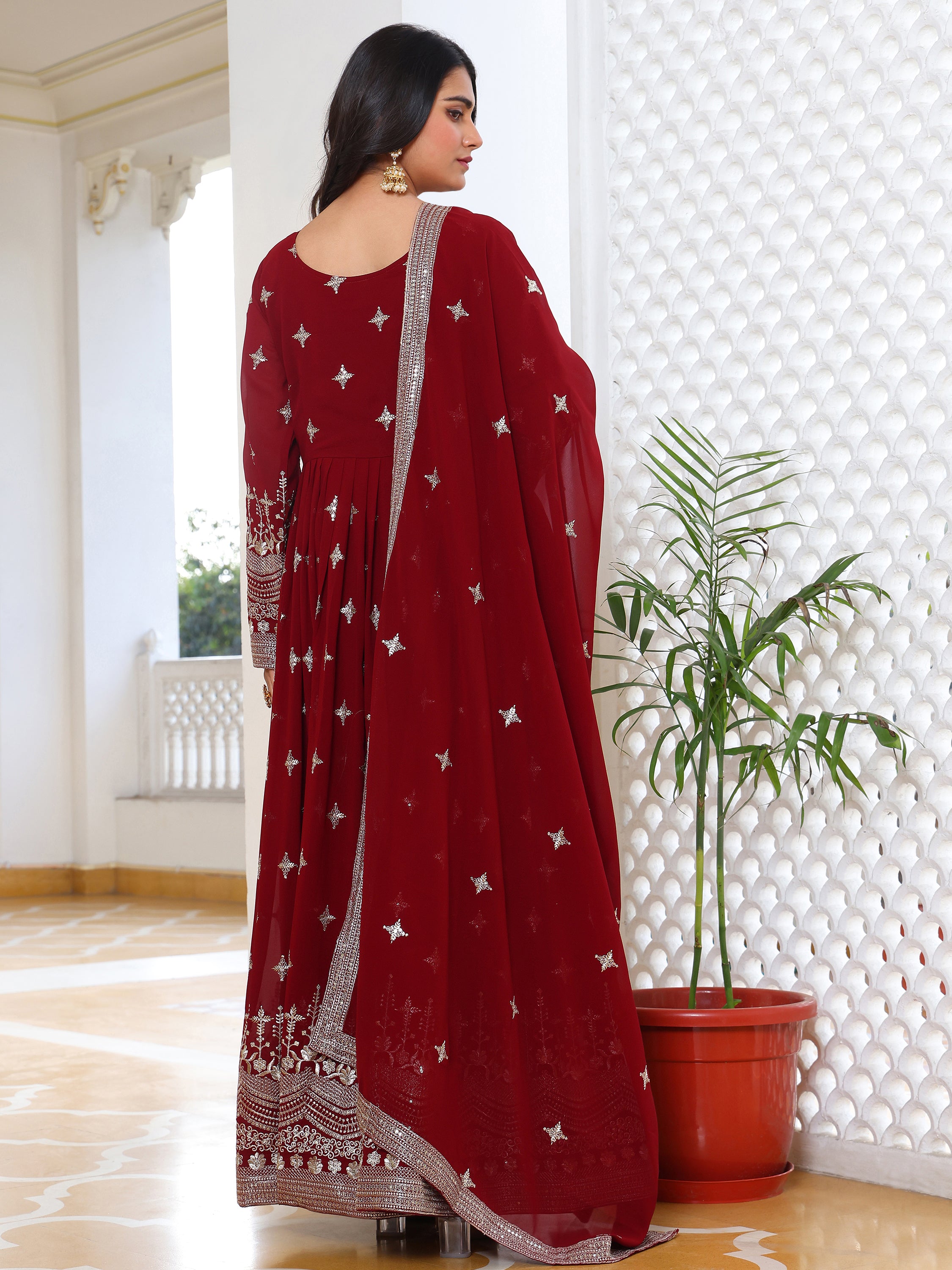Maroon Embroidered Anarkali Kurti with Dupatta for Women