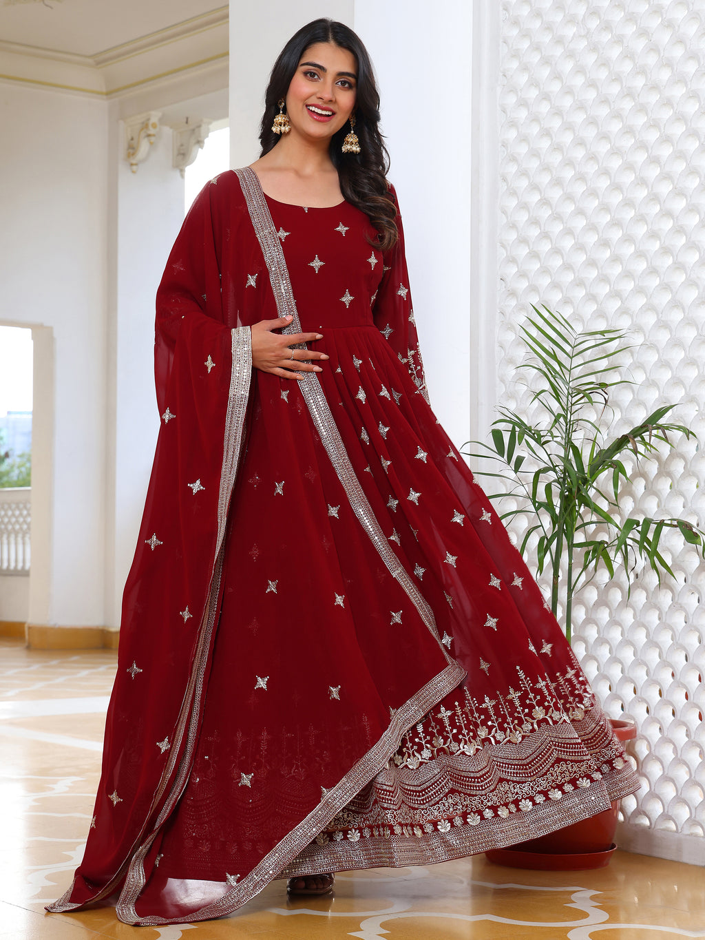 Maroon Embroidered Anarkali Kurti with Dupatta for Women
