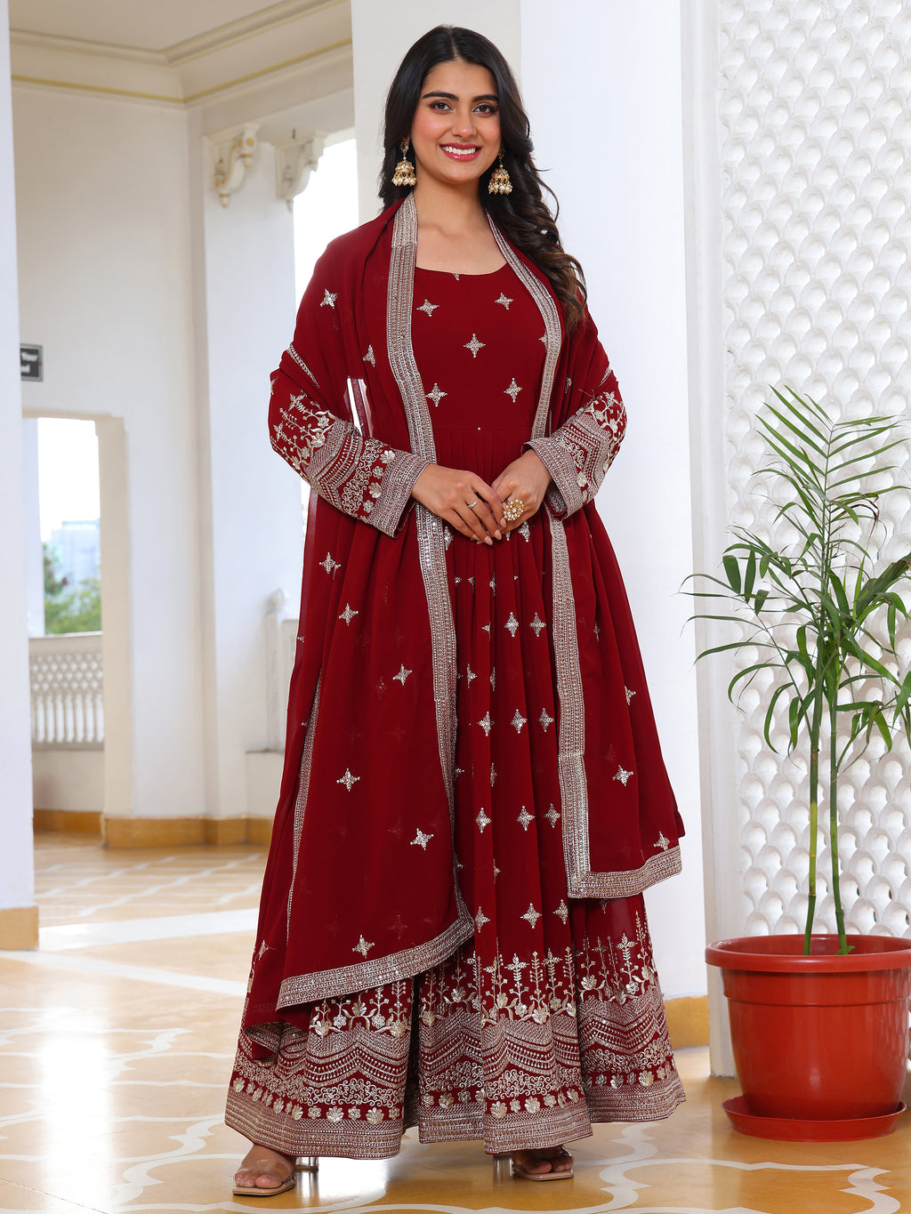 Maroon Embroidered Anarkali Kurti with Dupatta for Women