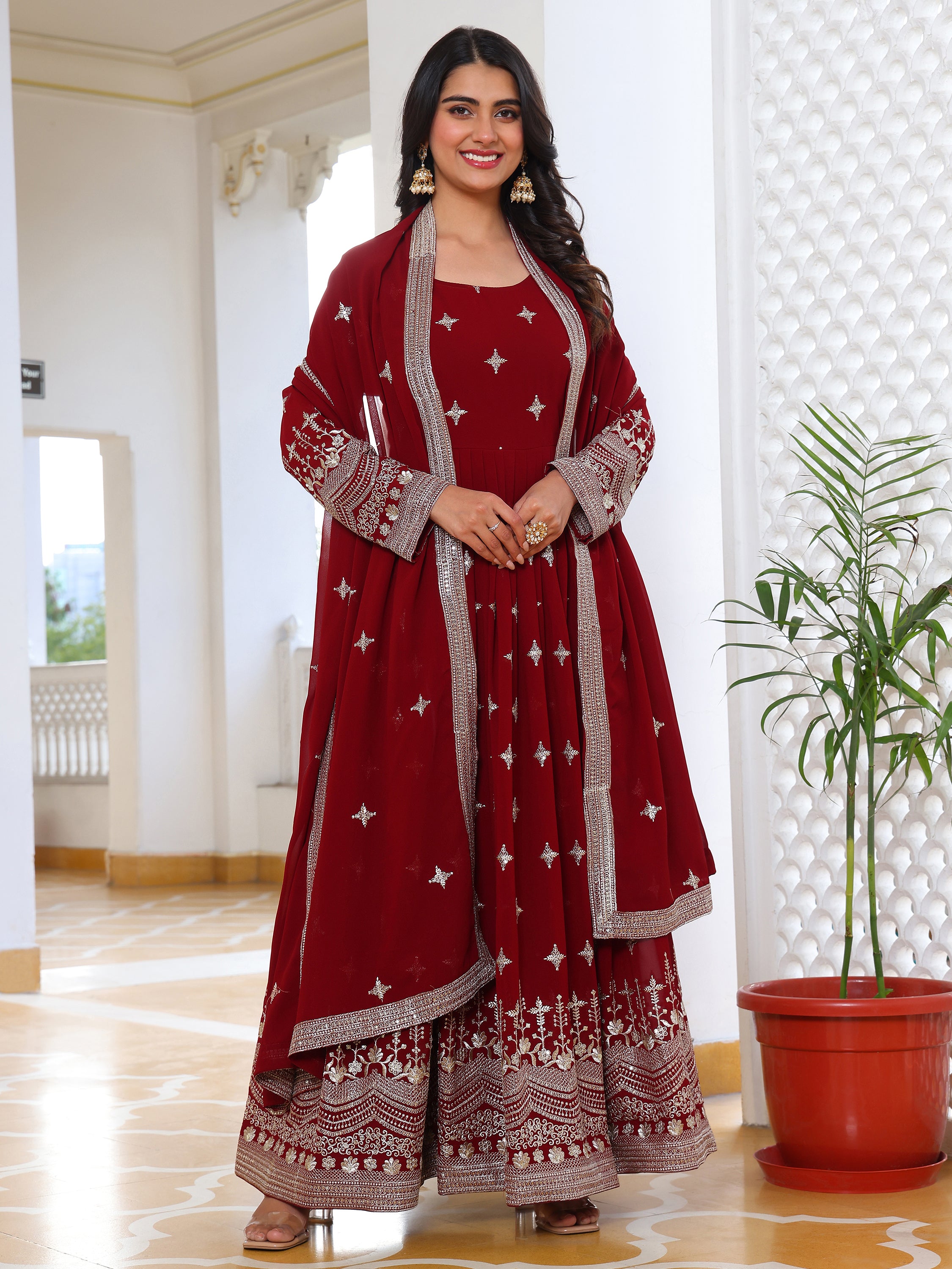 Maroon Embroidered Anarkali Kurti with Dupatta for Women