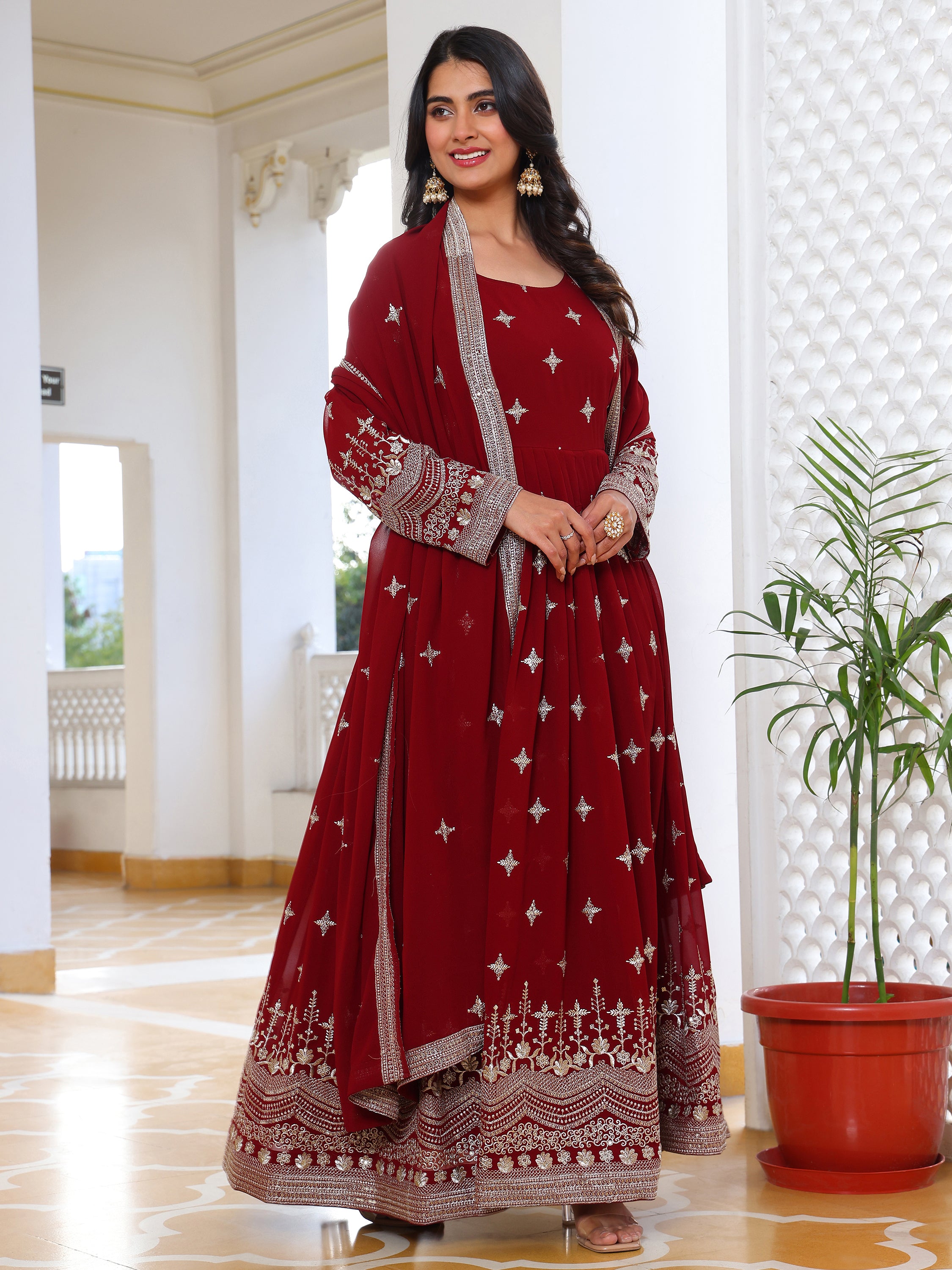 Maroon Embroidered Anarkali Kurti with Dupatta for Women