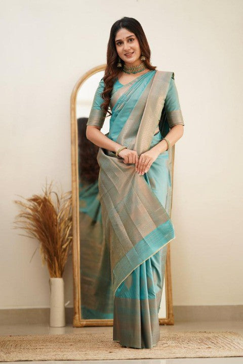 Teal Green Silk Saree with Gold Zari Border