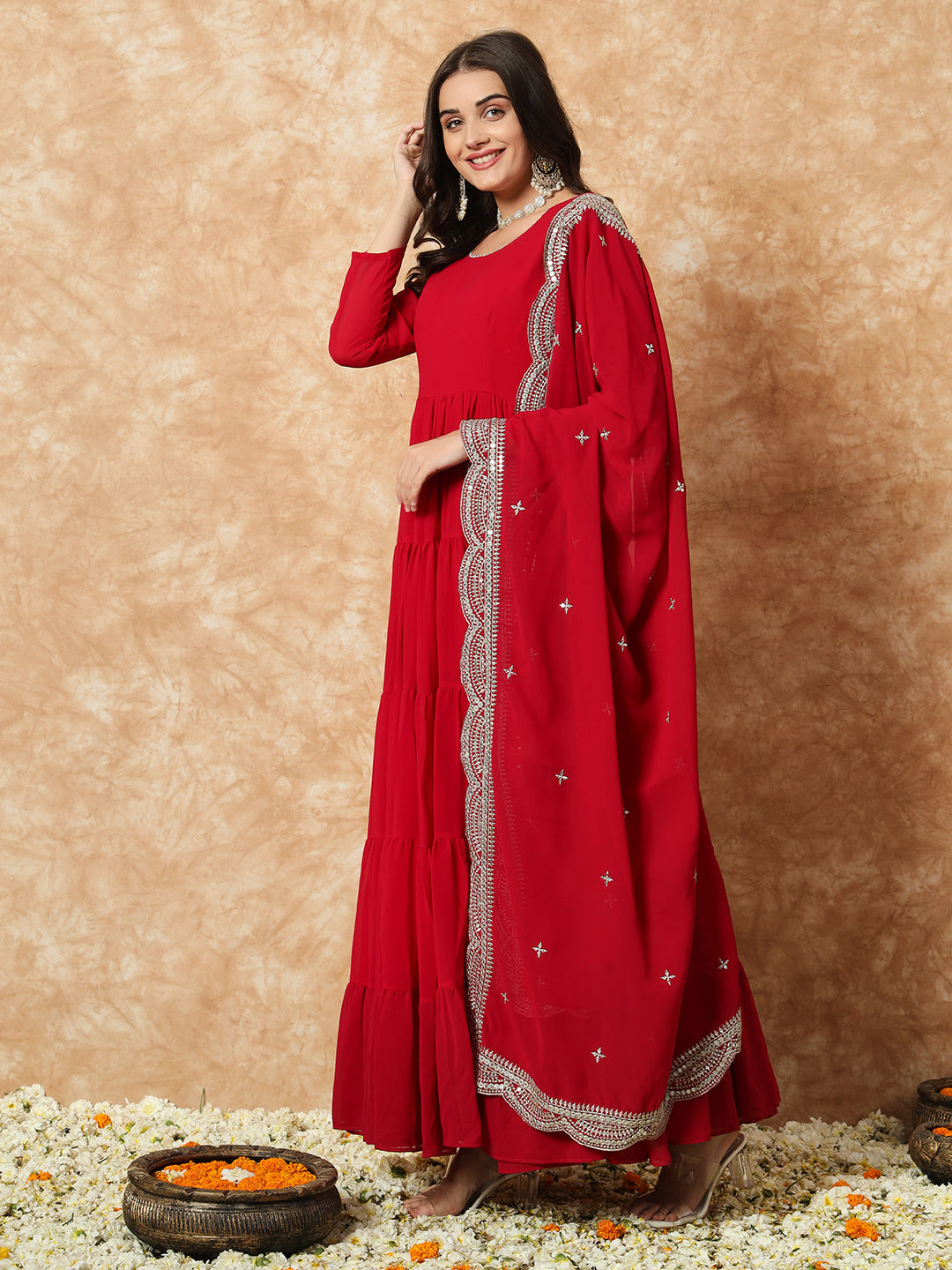 Women's Radiant Red Tiered Georgette Anarkali Gown with Heavy Silver Scalloped Dupatta