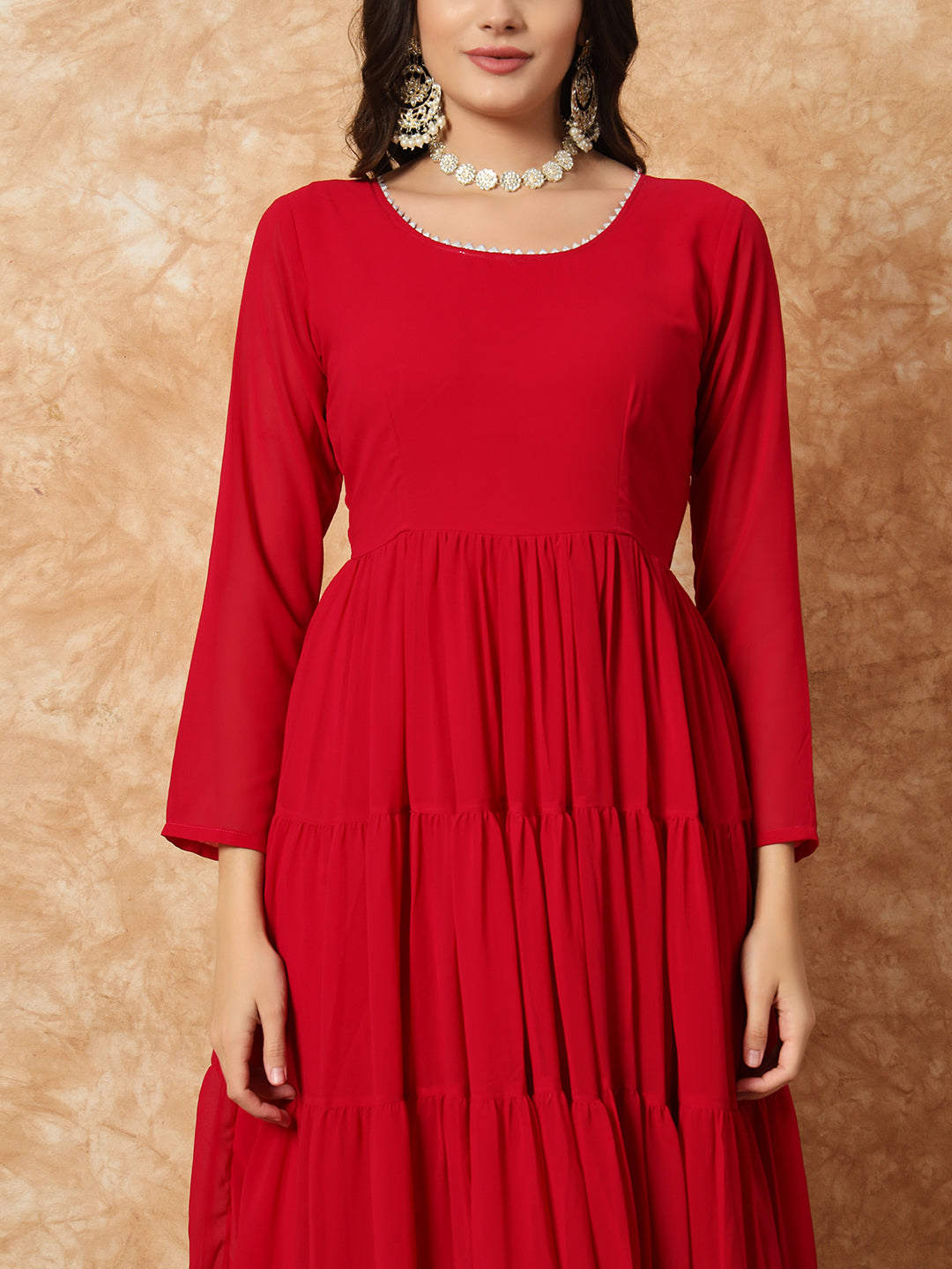 Women's Radiant Red Tiered Georgette Anarkali Gown with Heavy Silver Scalloped Dupatta