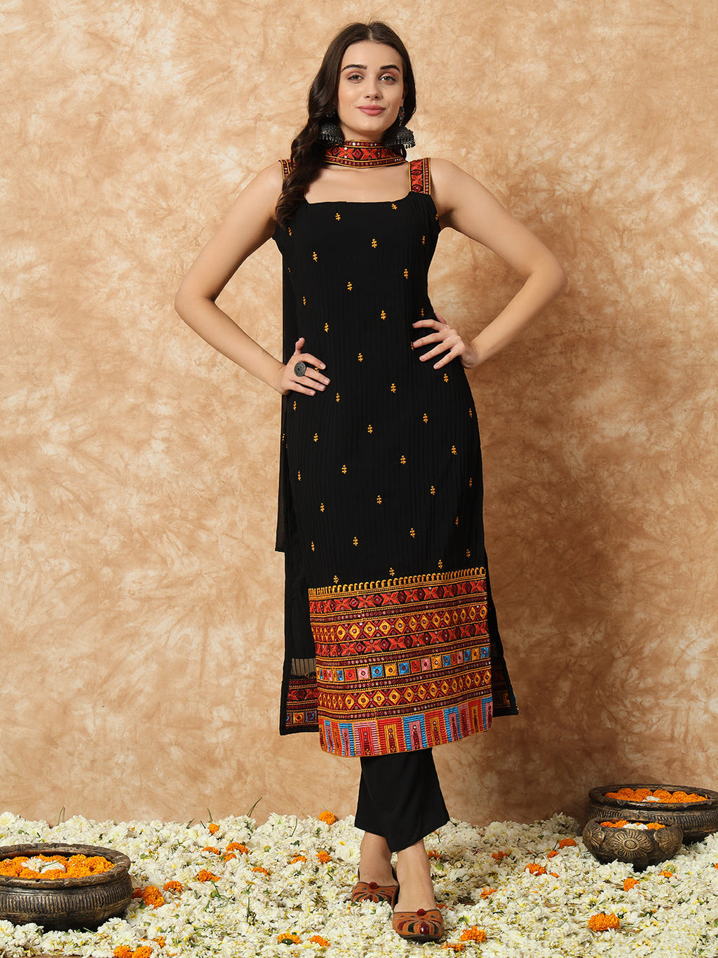 Black Embroidered Kurta Set for Women with Palazzo Pants | Ethnic Printed Designer Kurti Outfit