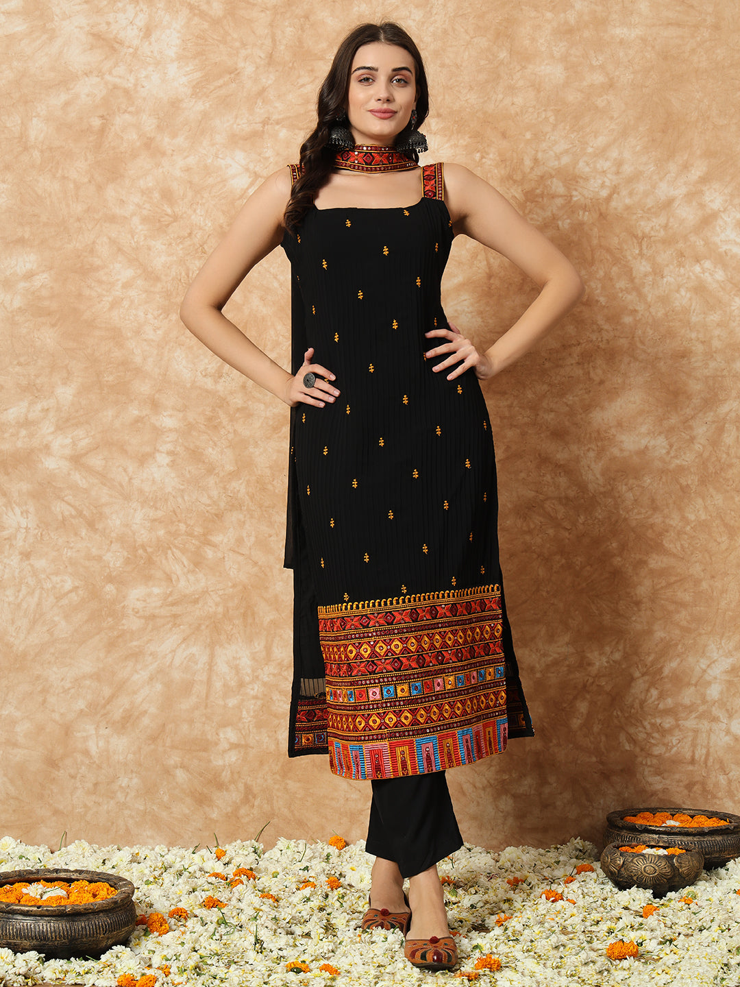 Georgette Embroidery  Straight Black Kurta Set