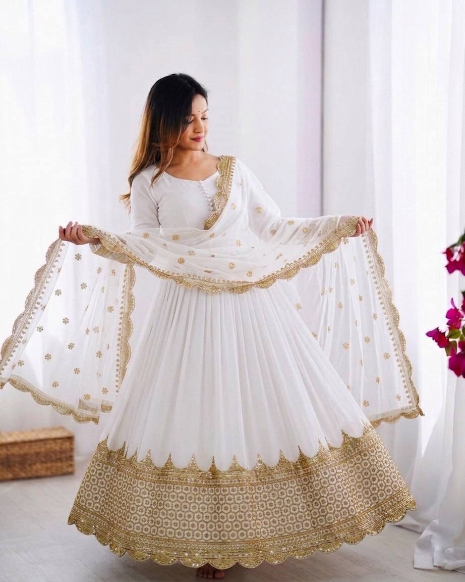 Georgette Anarkali Suit Set with Heavy Scallop Embroidered Border & Dupatta