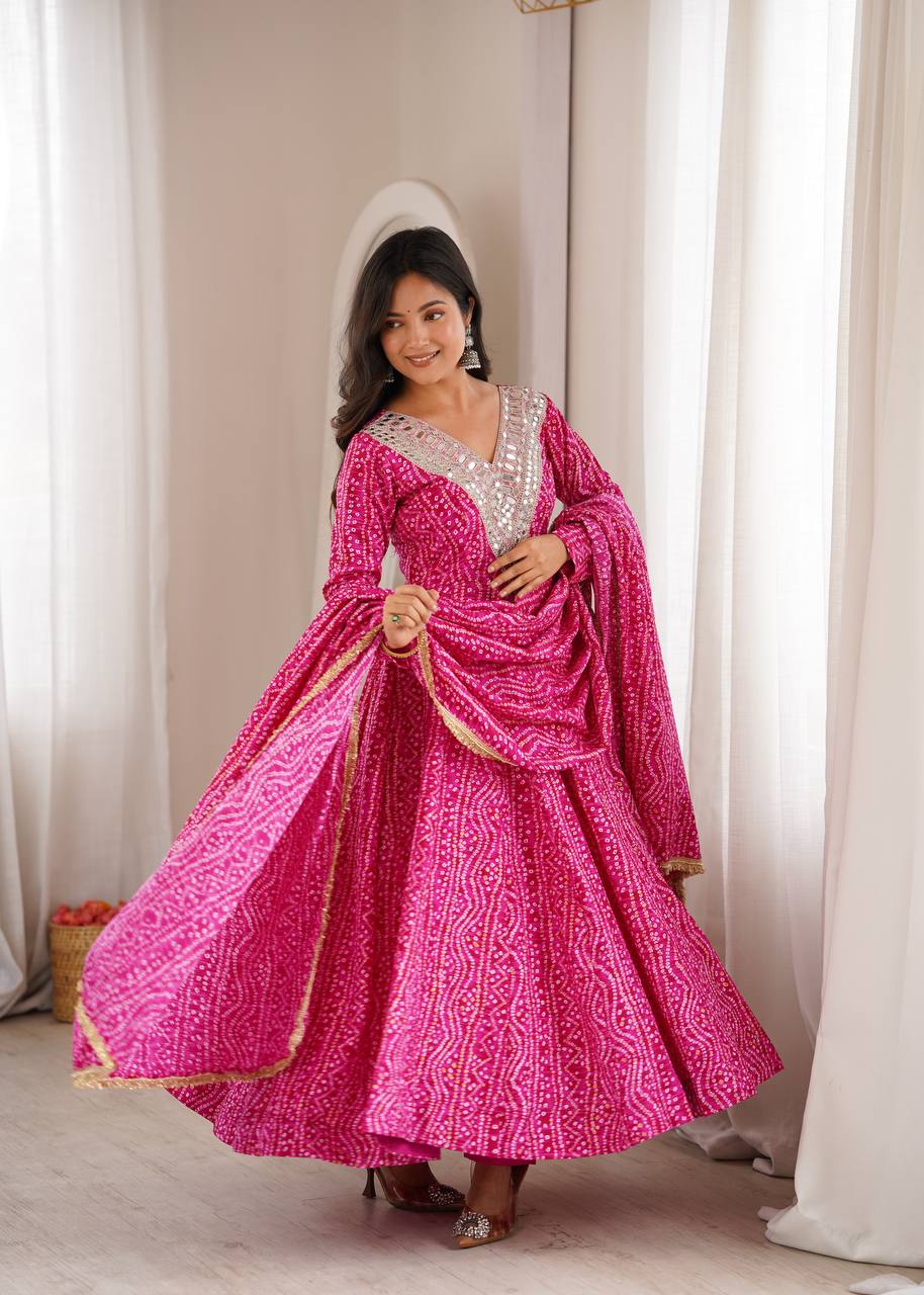 Bandhani Printed Mirror Work Anarkali Suit Set