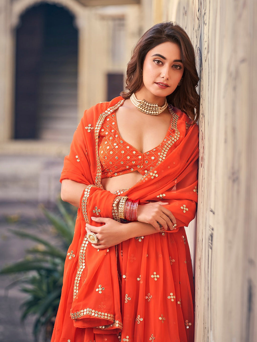 Orange Lehenga Set with Gold Embroidery