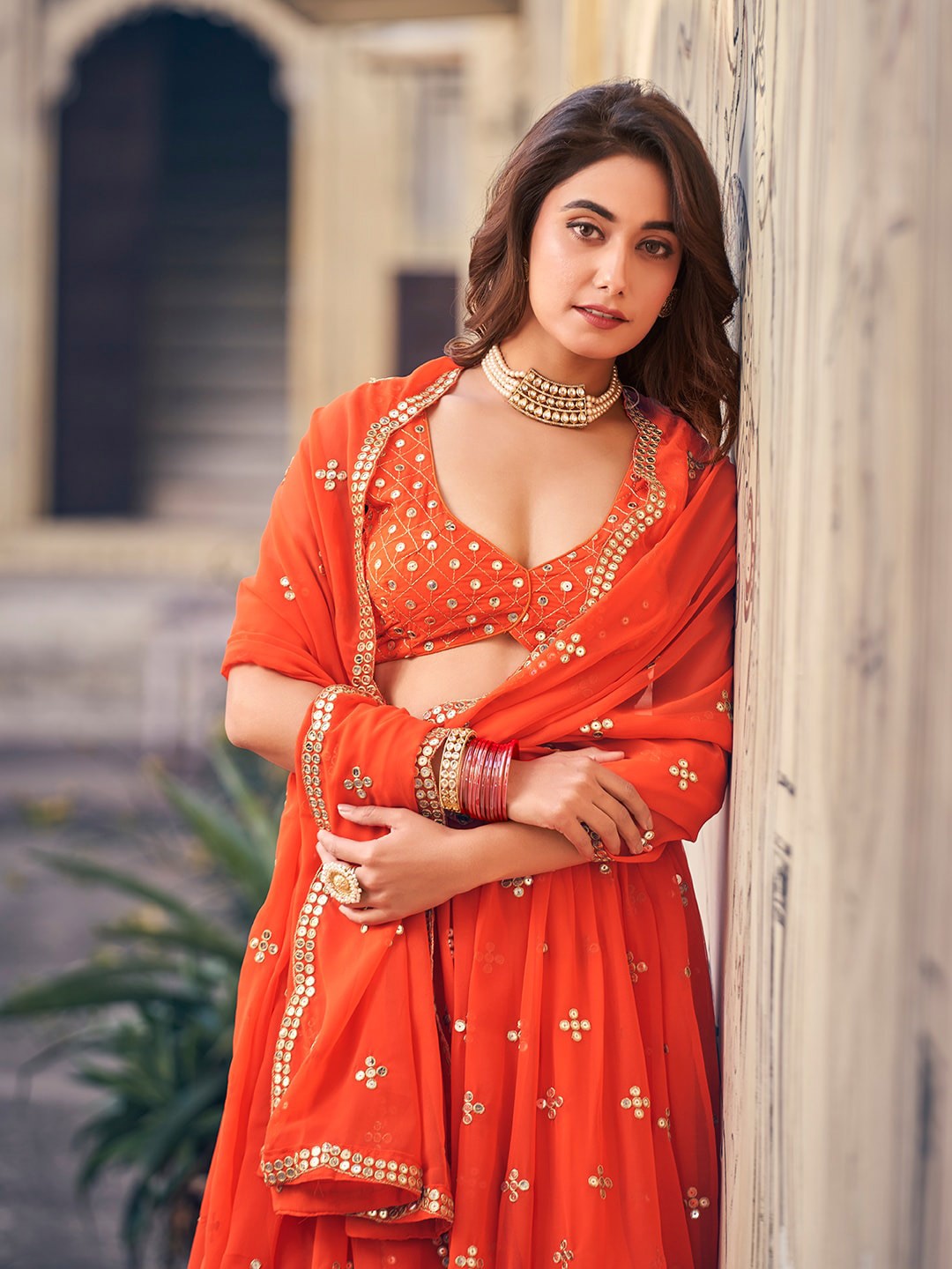 Orange Lehenga Set with Gold Embroidery