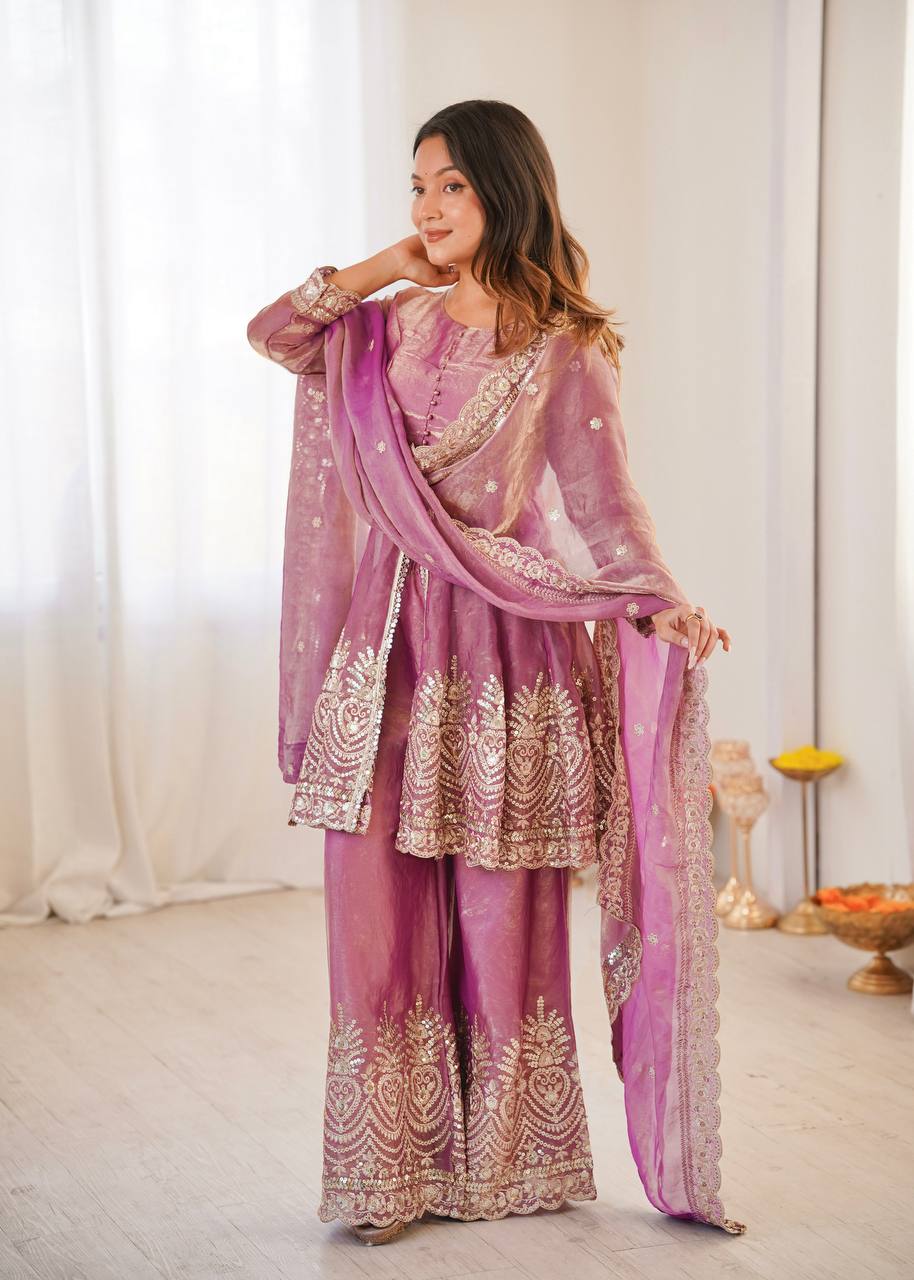 Heavily Embellished Tissue Silk Short Kurta Sharara Set with Organza Dupatta