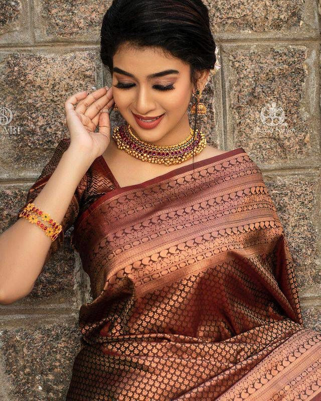 Rich Brown Silk Saree with Zari Weaving & Designer Border