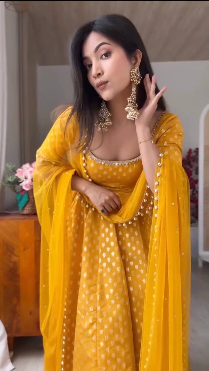 Radiant Bright Mustard Yellow Banarasi Jacquard Booti Anarkali Kurti with Chooridaar & Sheer Bordered Dupatta Set for Women