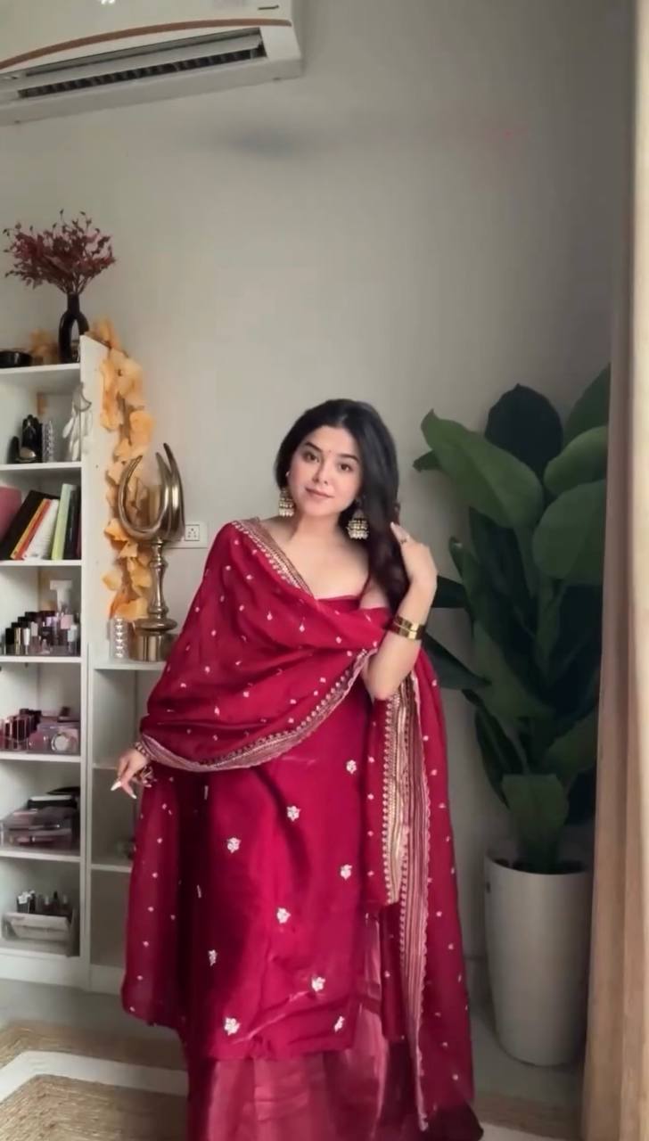 Elegant Maroon Crimson Silk Strappy Kurti Set with Gold Embroidered Bootis & Lace Border Dupatta for Women