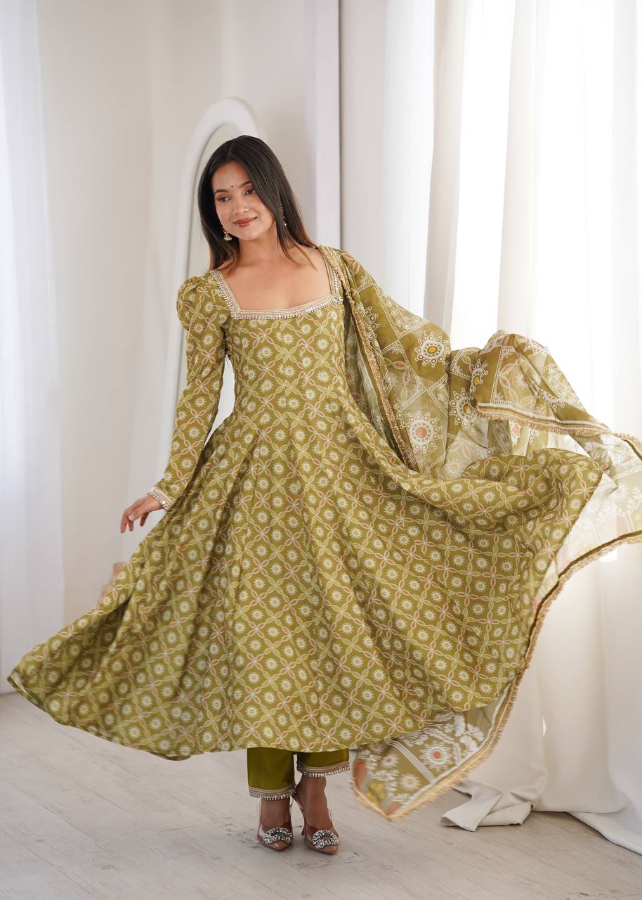 Olive Green Olive Printed Anarkali Suit Set with Lace Dupatta
