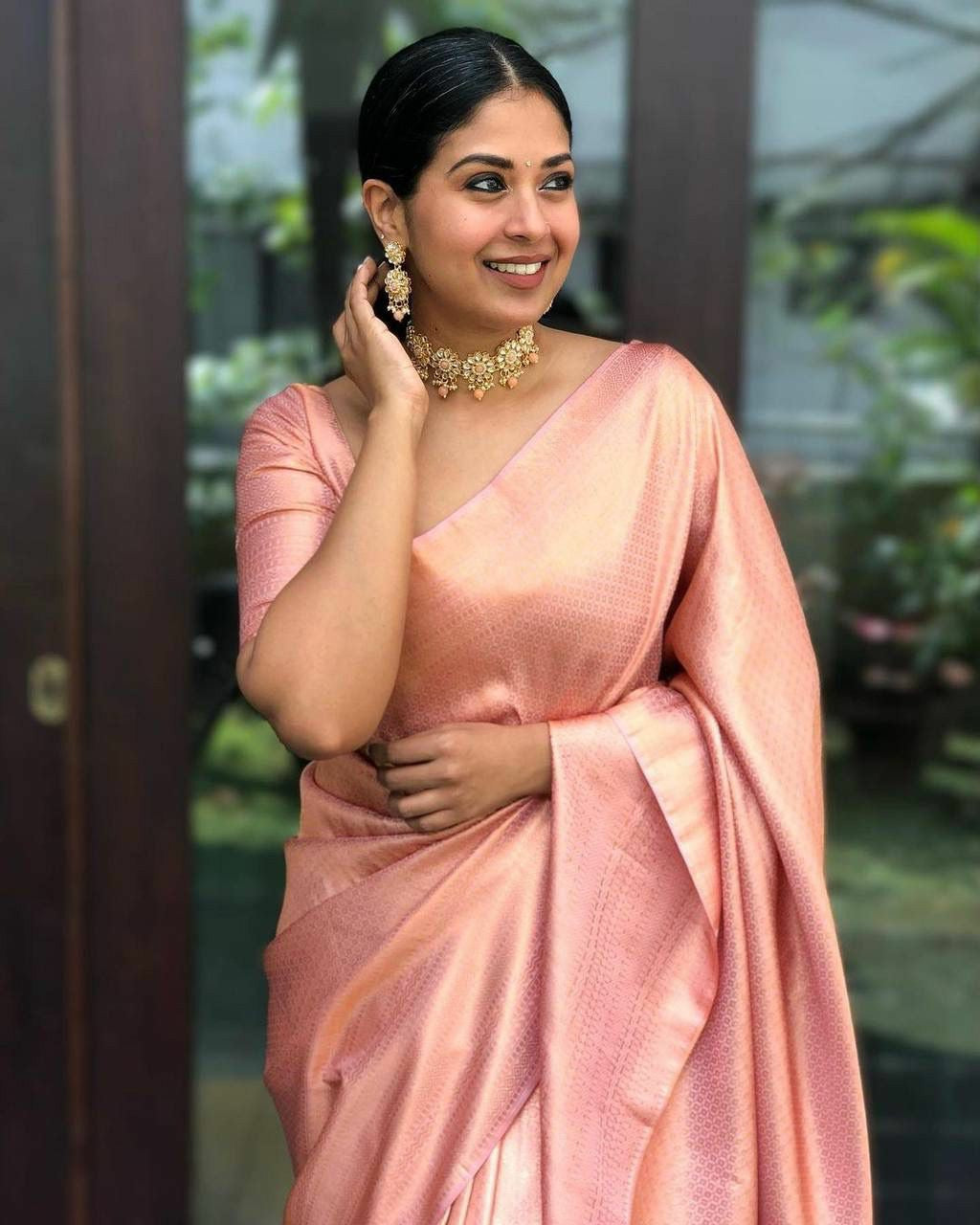 Elegant Peach Silk Saree with Subtle Zari Work & Rich Border