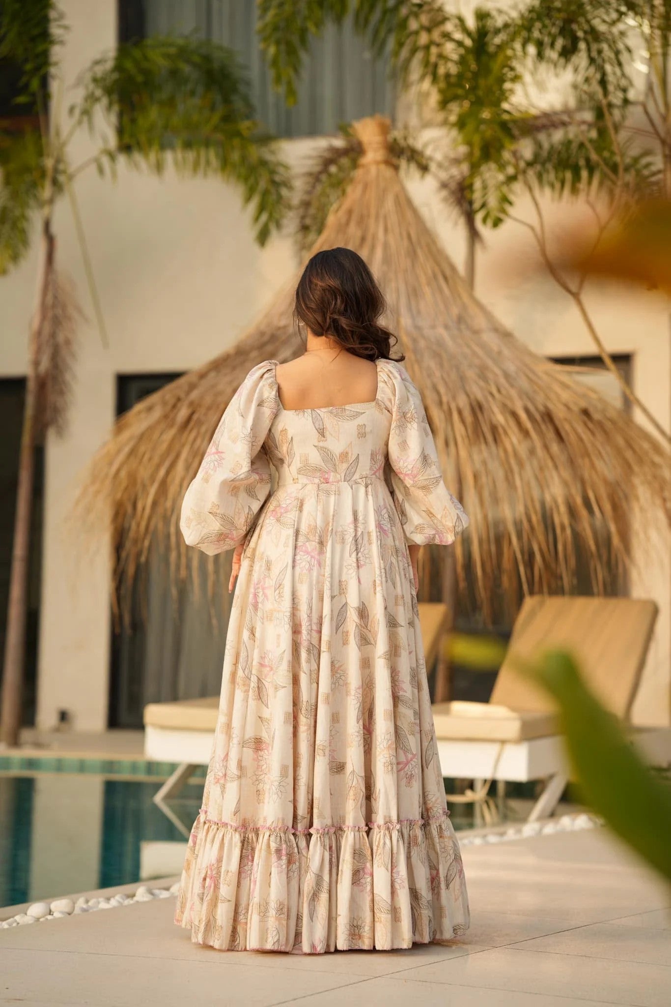 Beige Floral Maxi Dress for Women