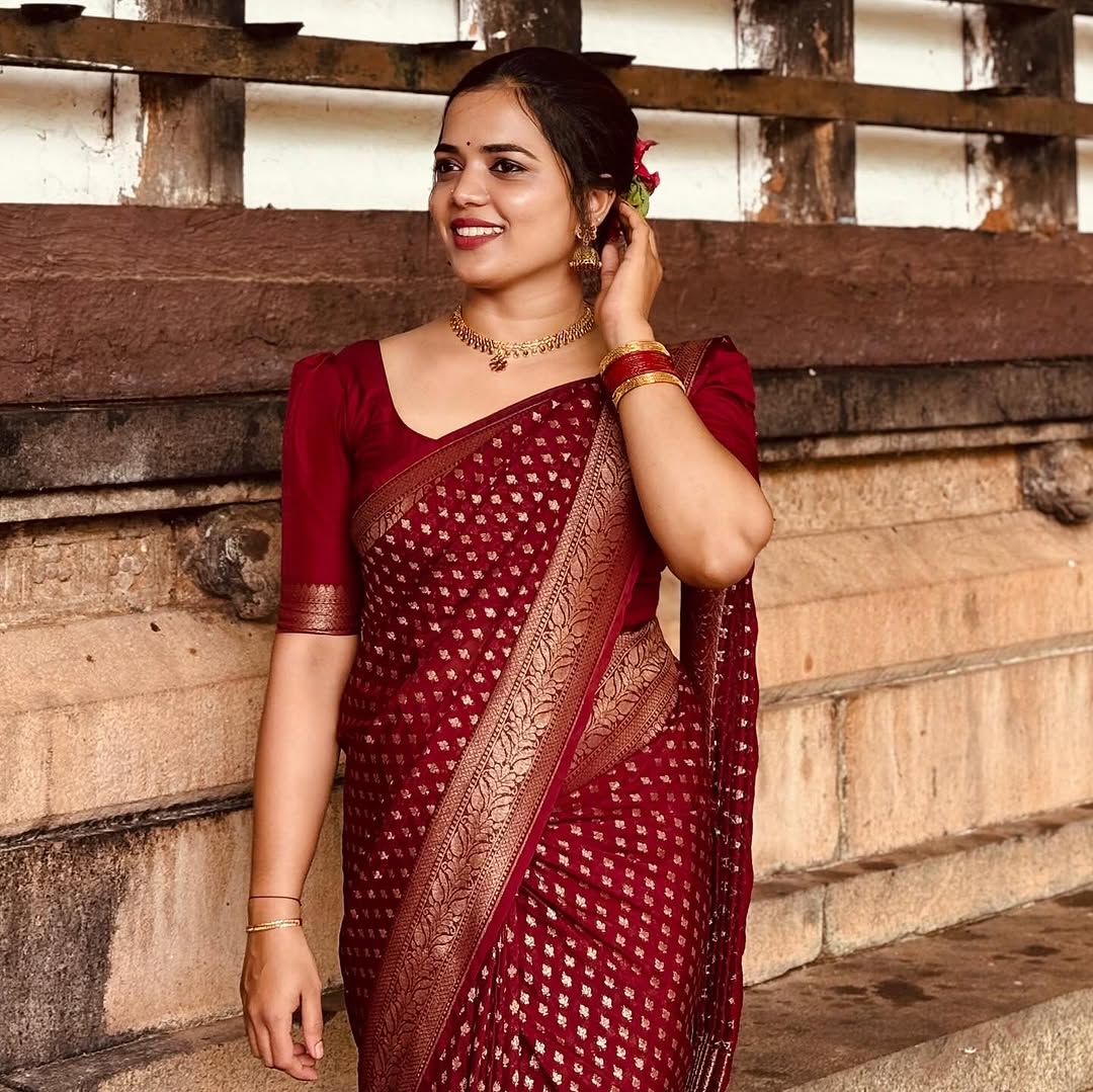 Elegant Maroon Satin Saree – Soft Glam Appeal