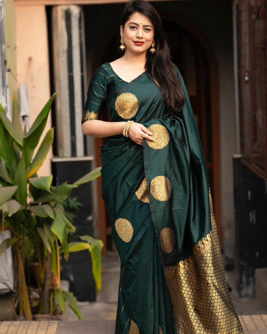 Green Banarasi Silk Saree with Bold Gold Buttas