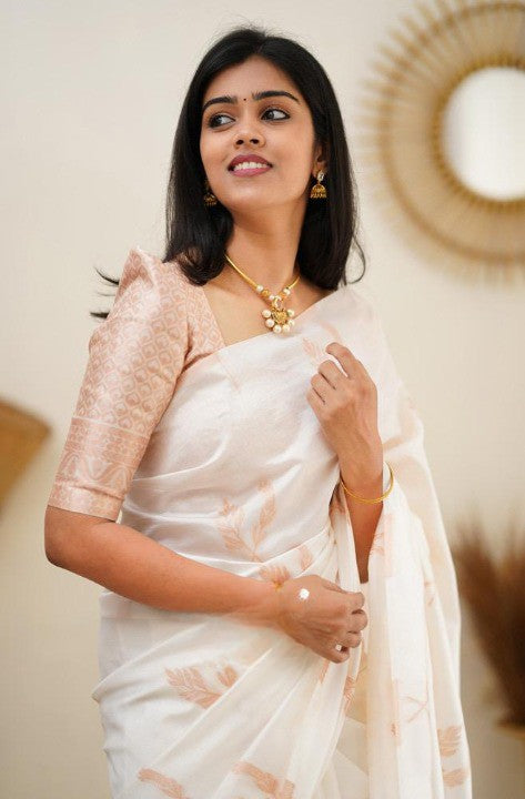 Elegant White Soft Silk Saree with Peach Border for Women